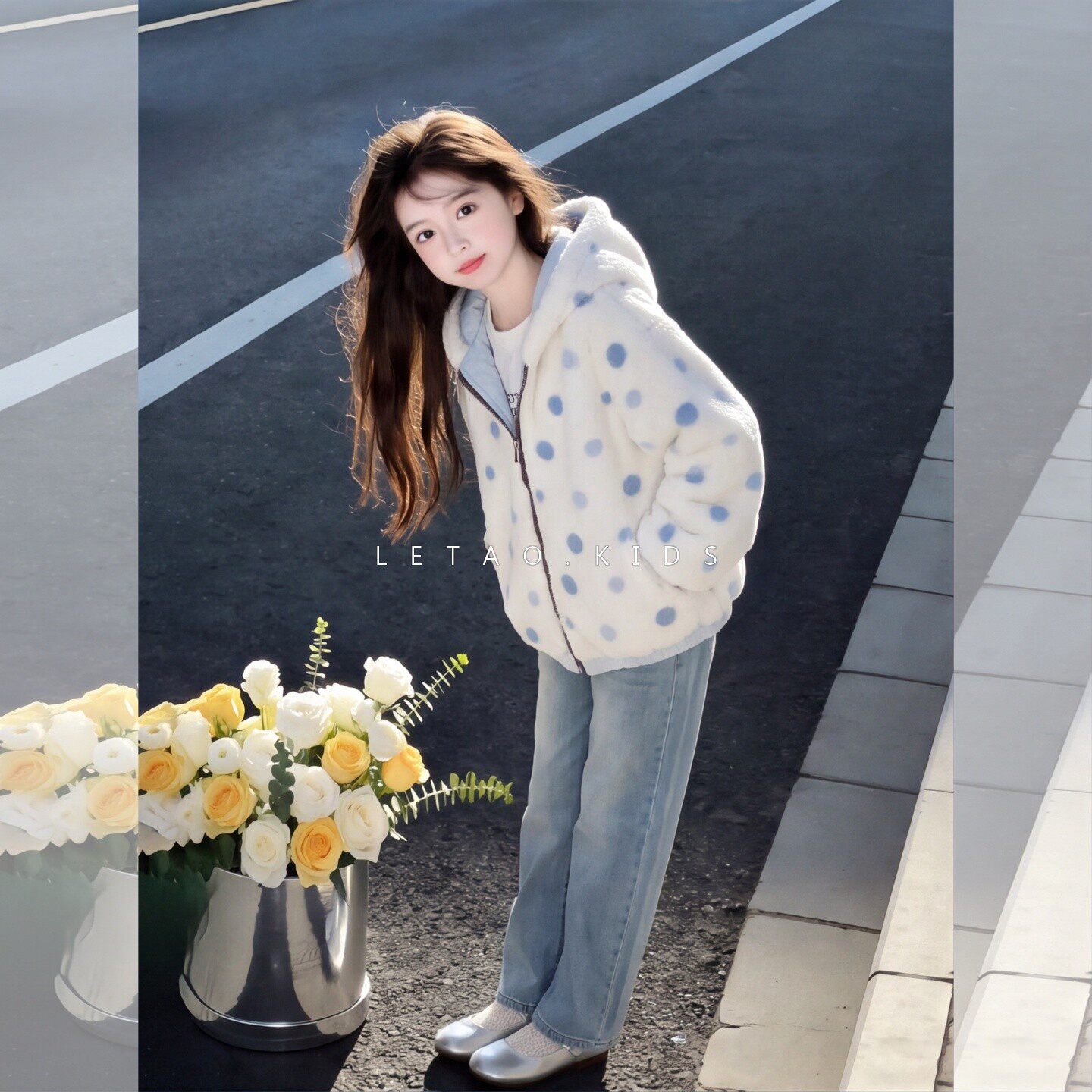 女童波点连帽加厚两面穿棉服外套