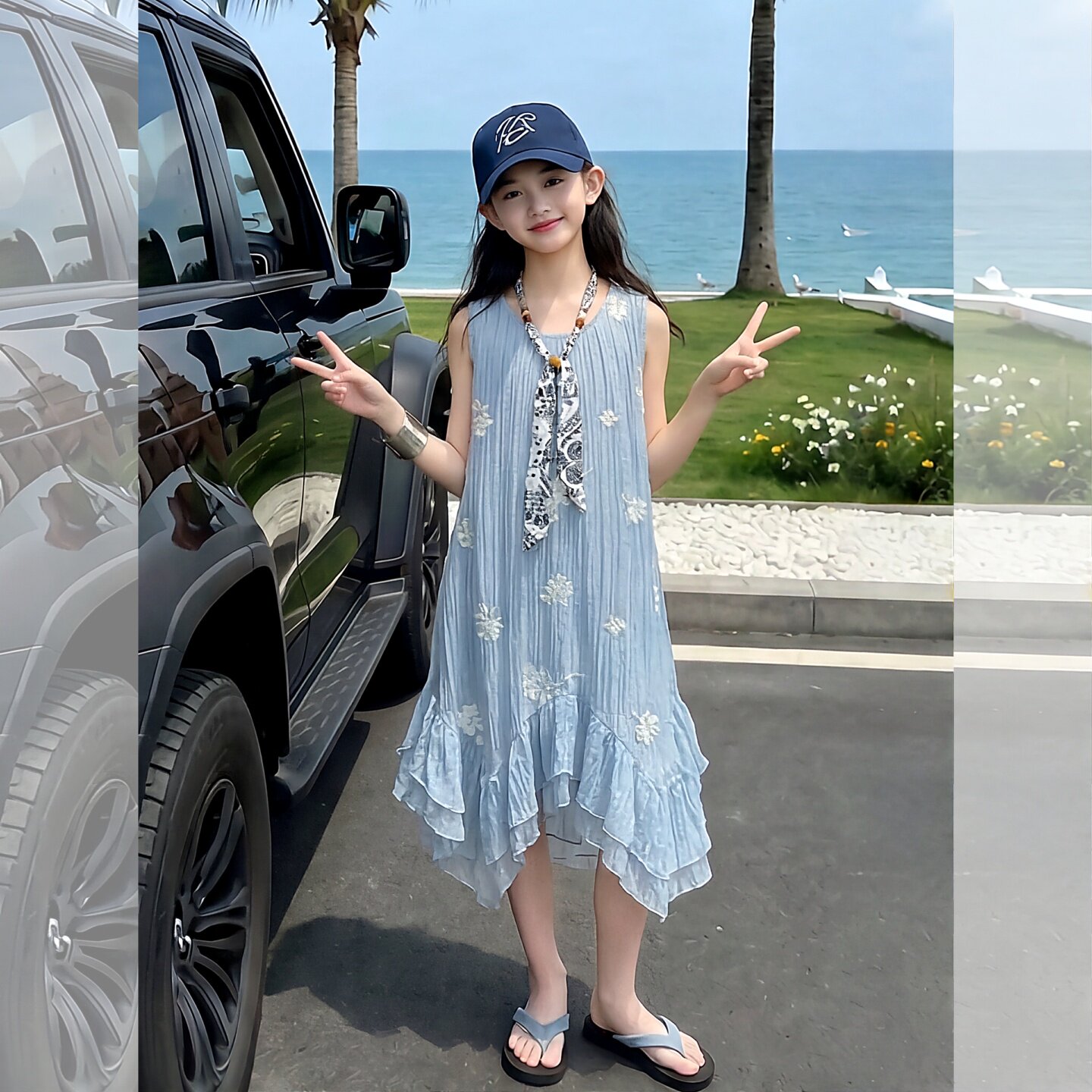 女童夏刺绣无袖不规则下摆连衣裙