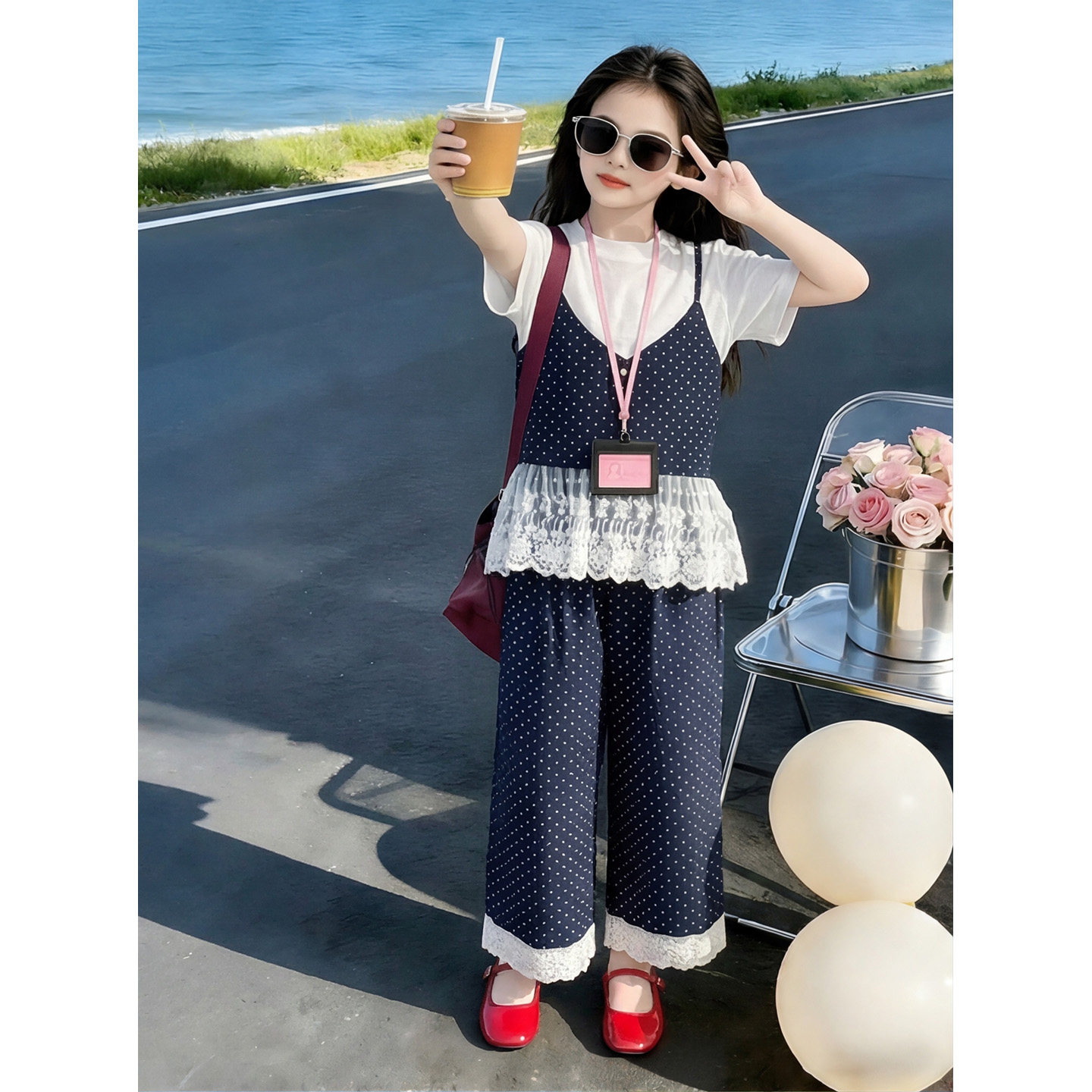 女童短袖吊带马甲直筒裤三件套装