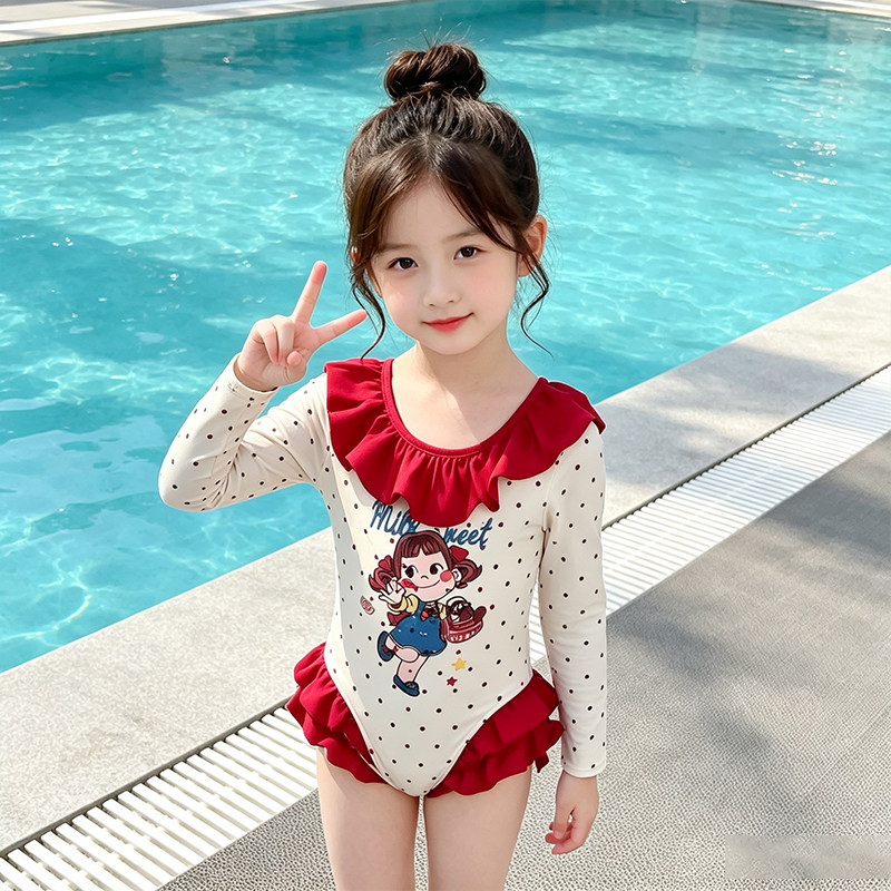 女童连体泳衣荷叶边卡通波点长袖防晒儿童游泳装2026小女孩游泳衣