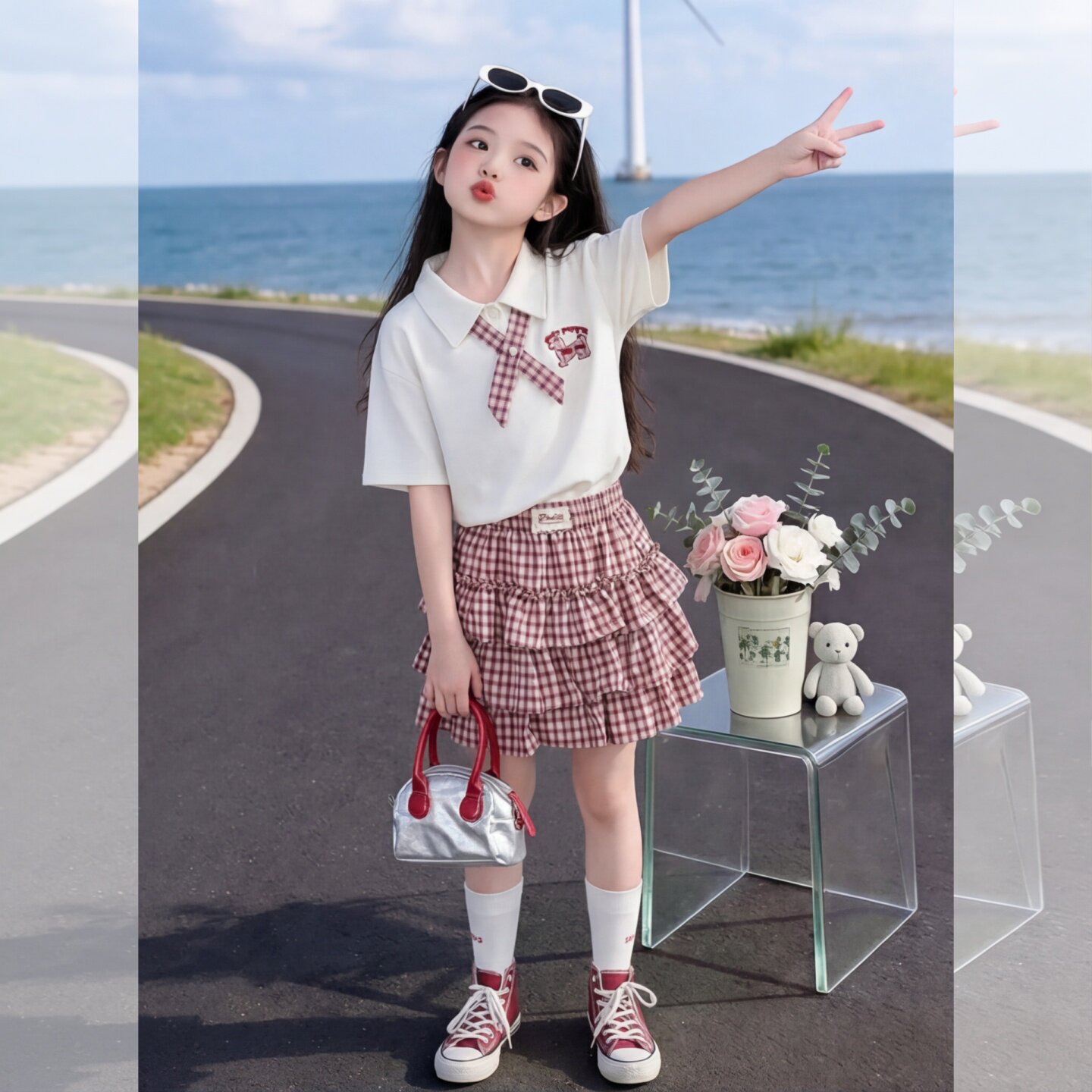 女童半身裙夏季学院风格子半身裙