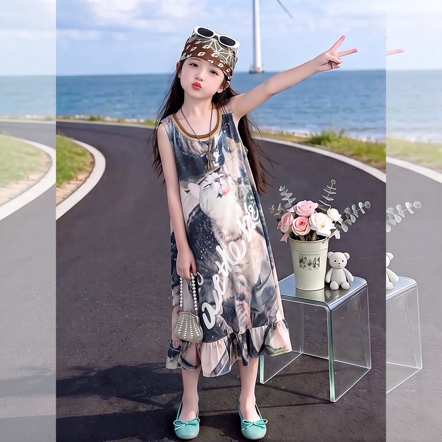 女童夏季连衣裙儿童猫咪印花背心