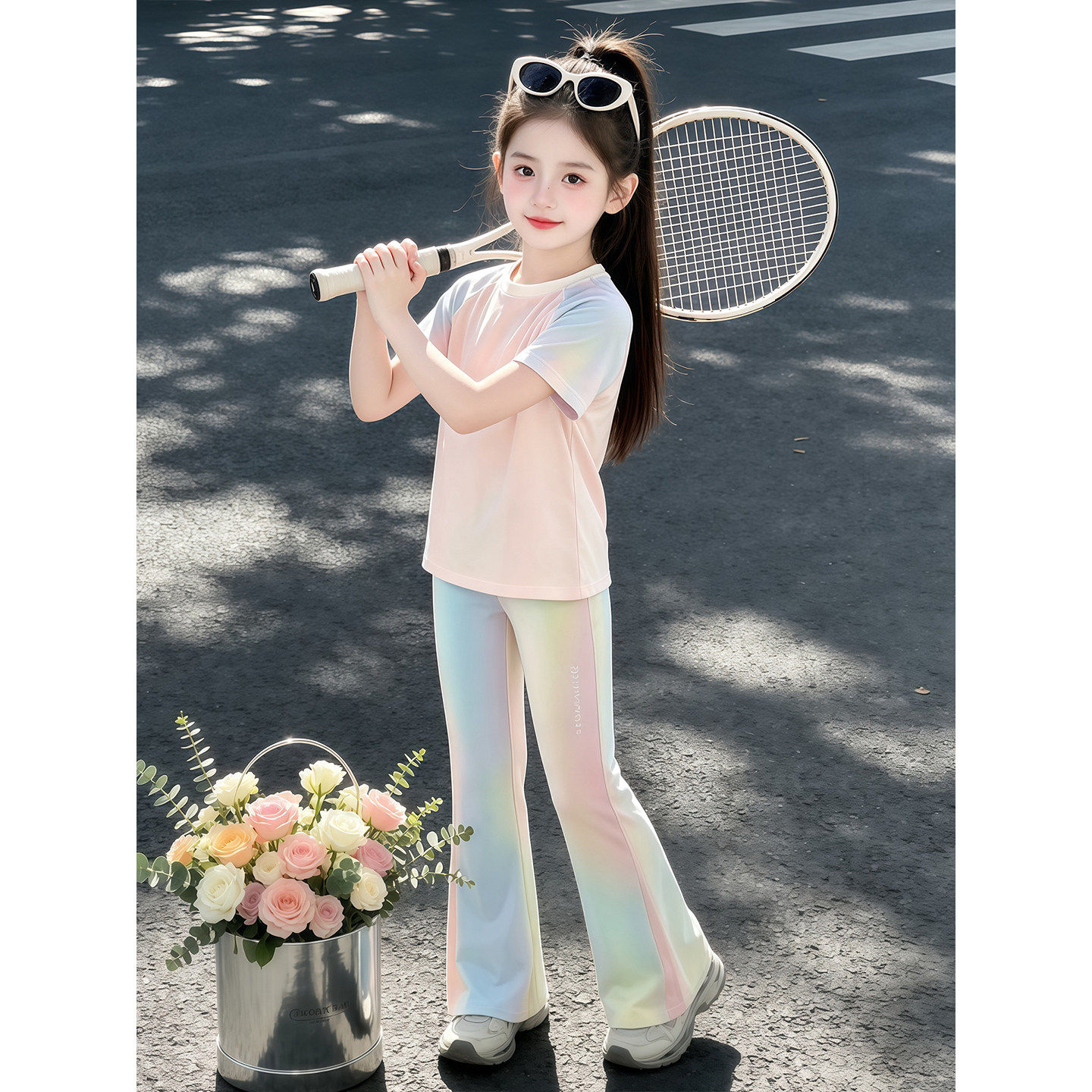 女童冰丝套装夏季2026新款儿童洋气短袖T恤夏装休闲运动服两件套