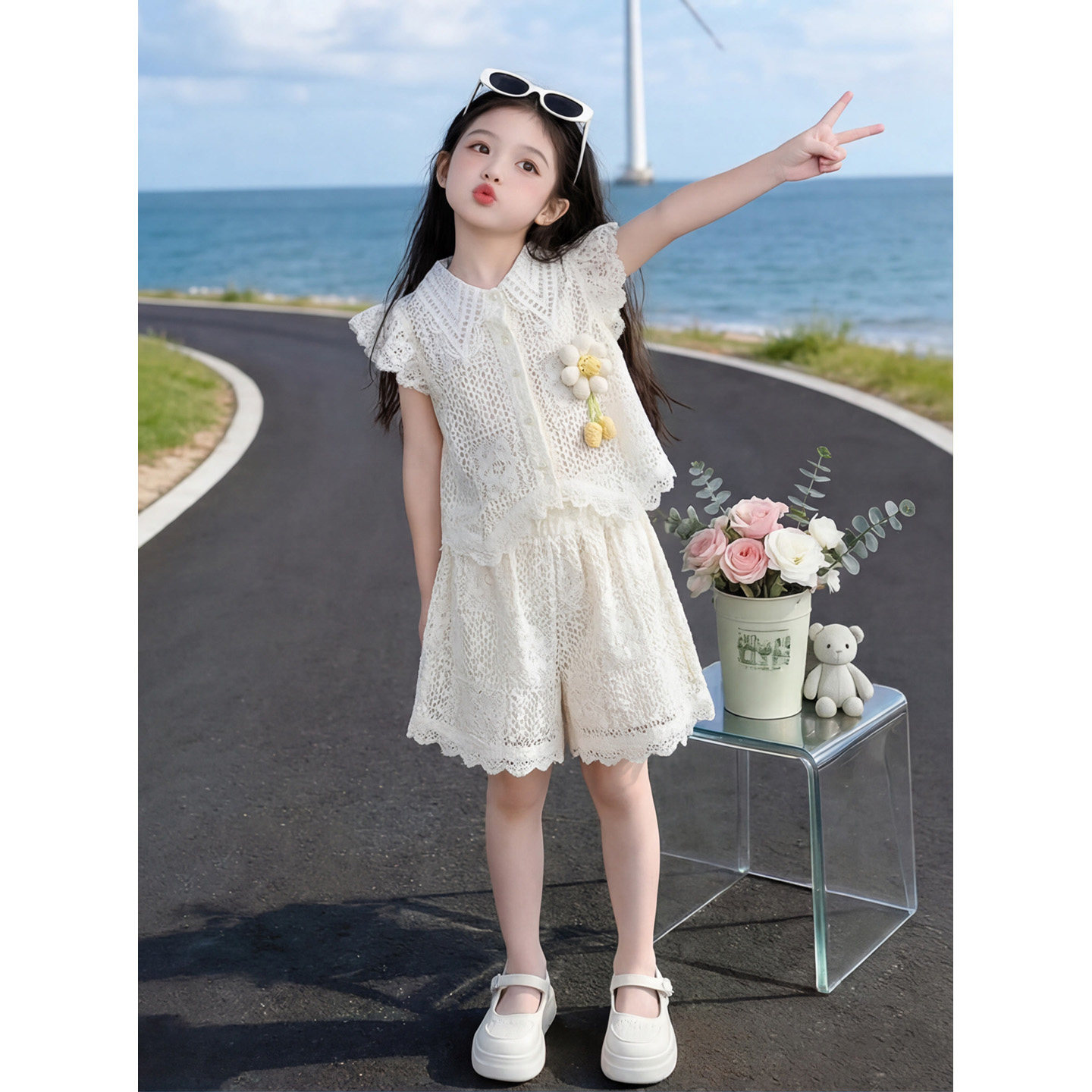 女童夏季甜美翻领蕾丝镂空短裤套