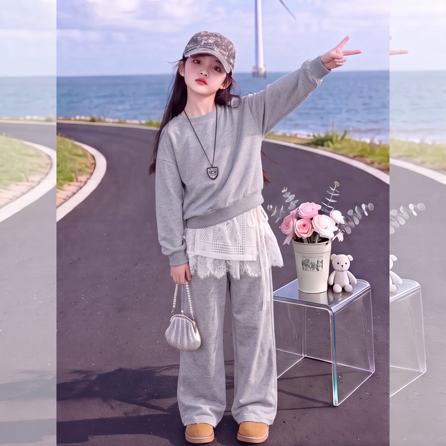 女大童韩系慵懒风蕾丝拼接卫衣套