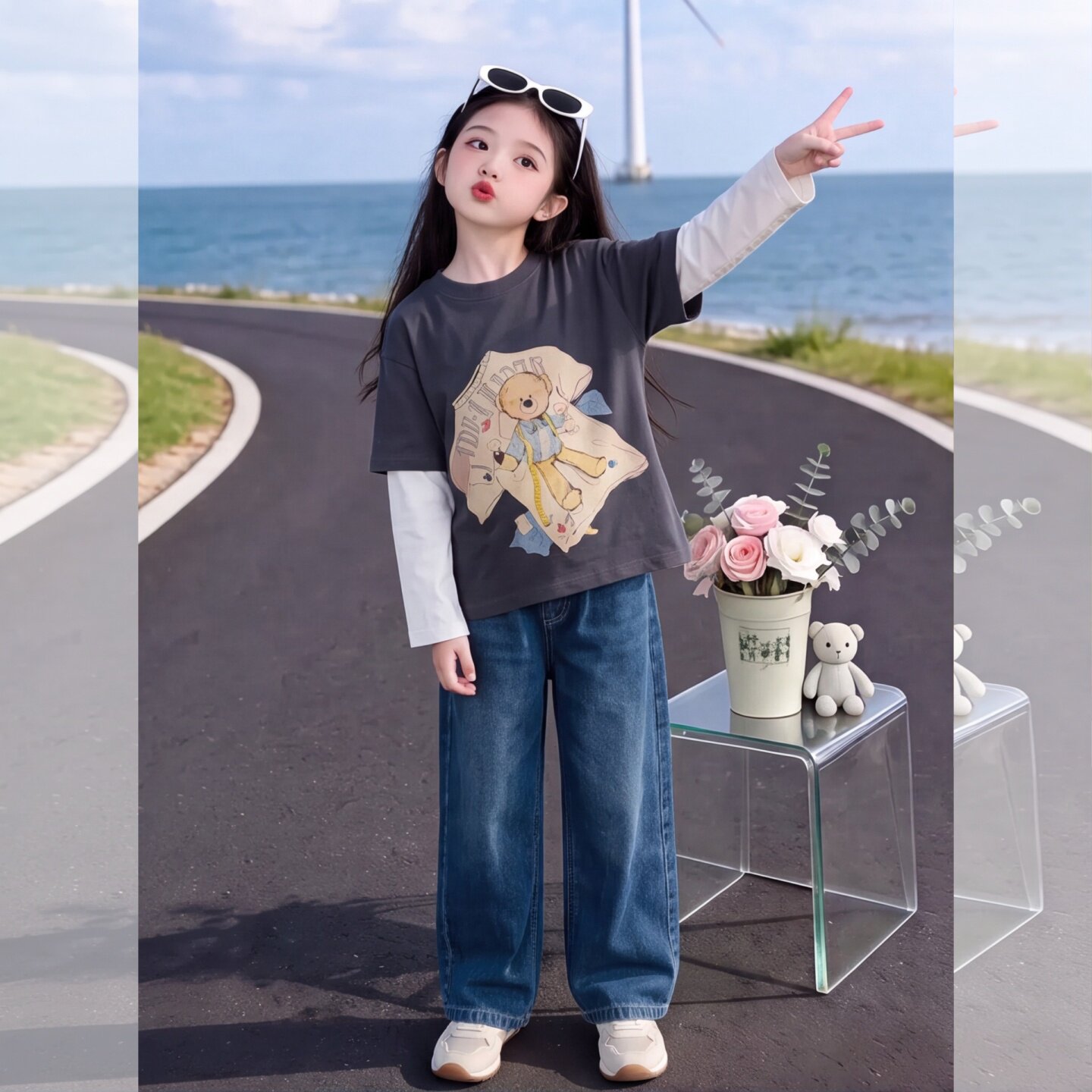 女童韩范秋款假两件长袖打底衫20
