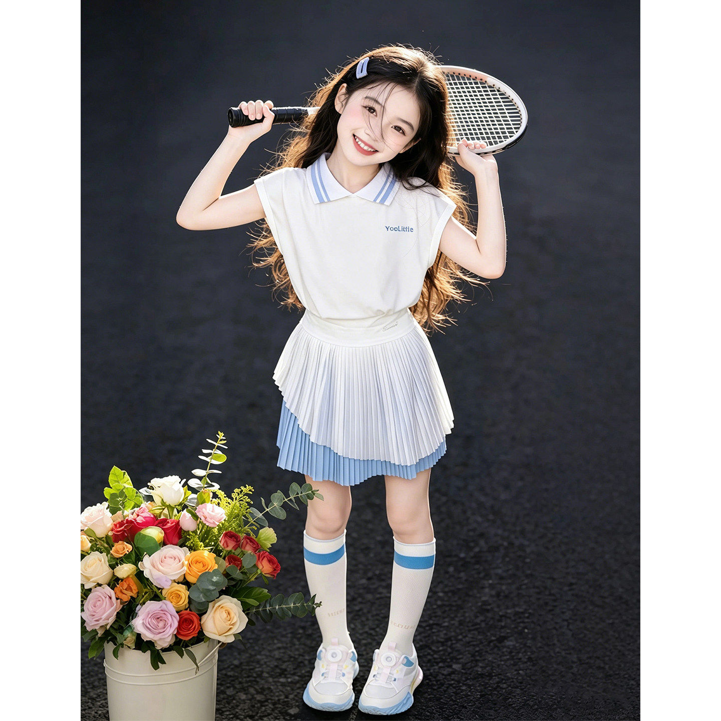 女童夏季套装速干运动服儿童短袖大童百褶裙子网球羽毛球训练衣服