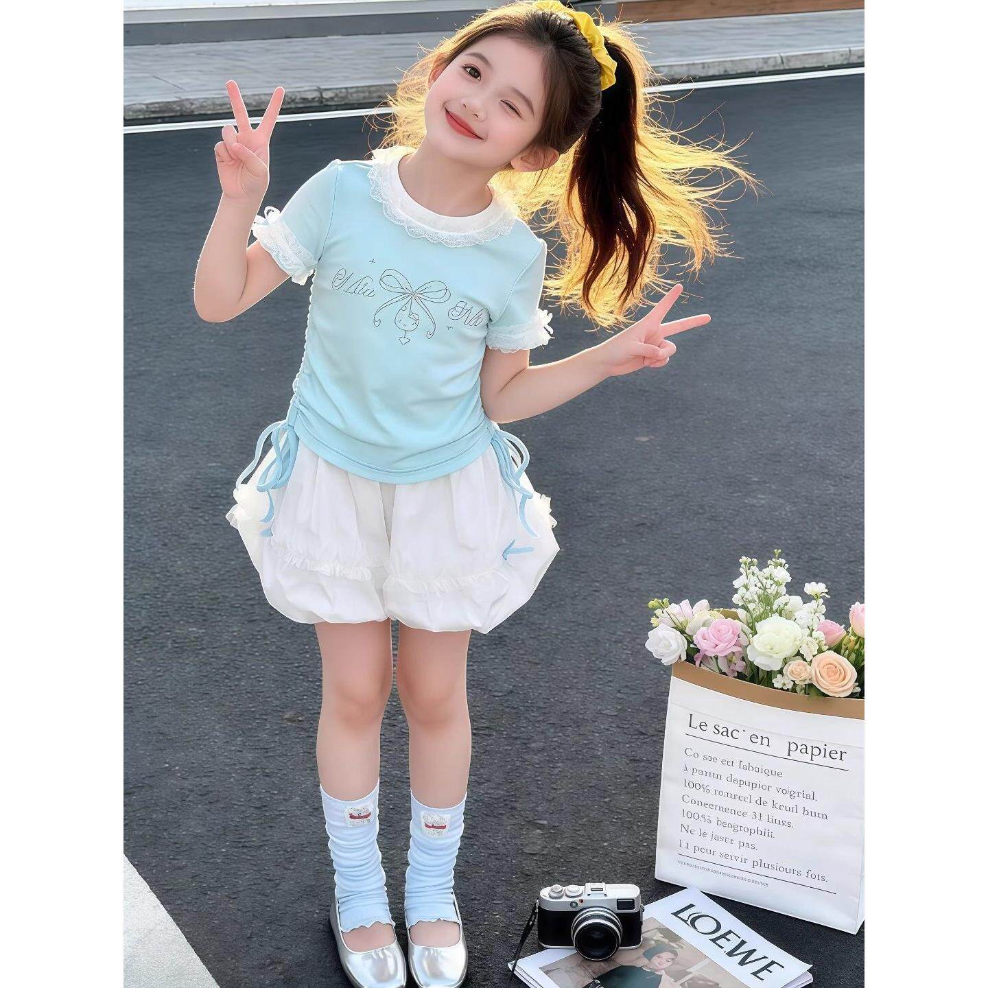 女童可爱花边短袖花苞短裤套装夏季2026新款儿童卡通T恤洋气裙裤8