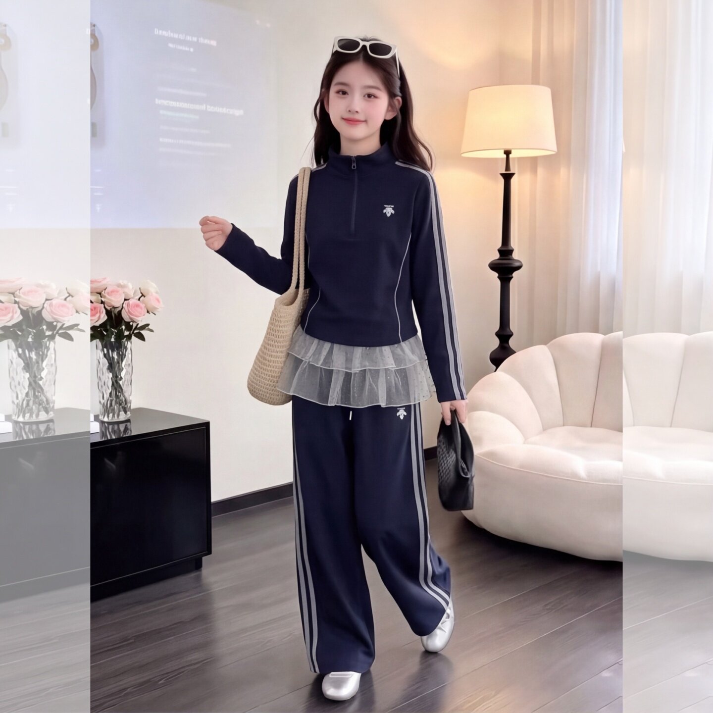 女童三条杠运动休闲秋装套装韩系模特走秀洋气网红儿童休闲两件套