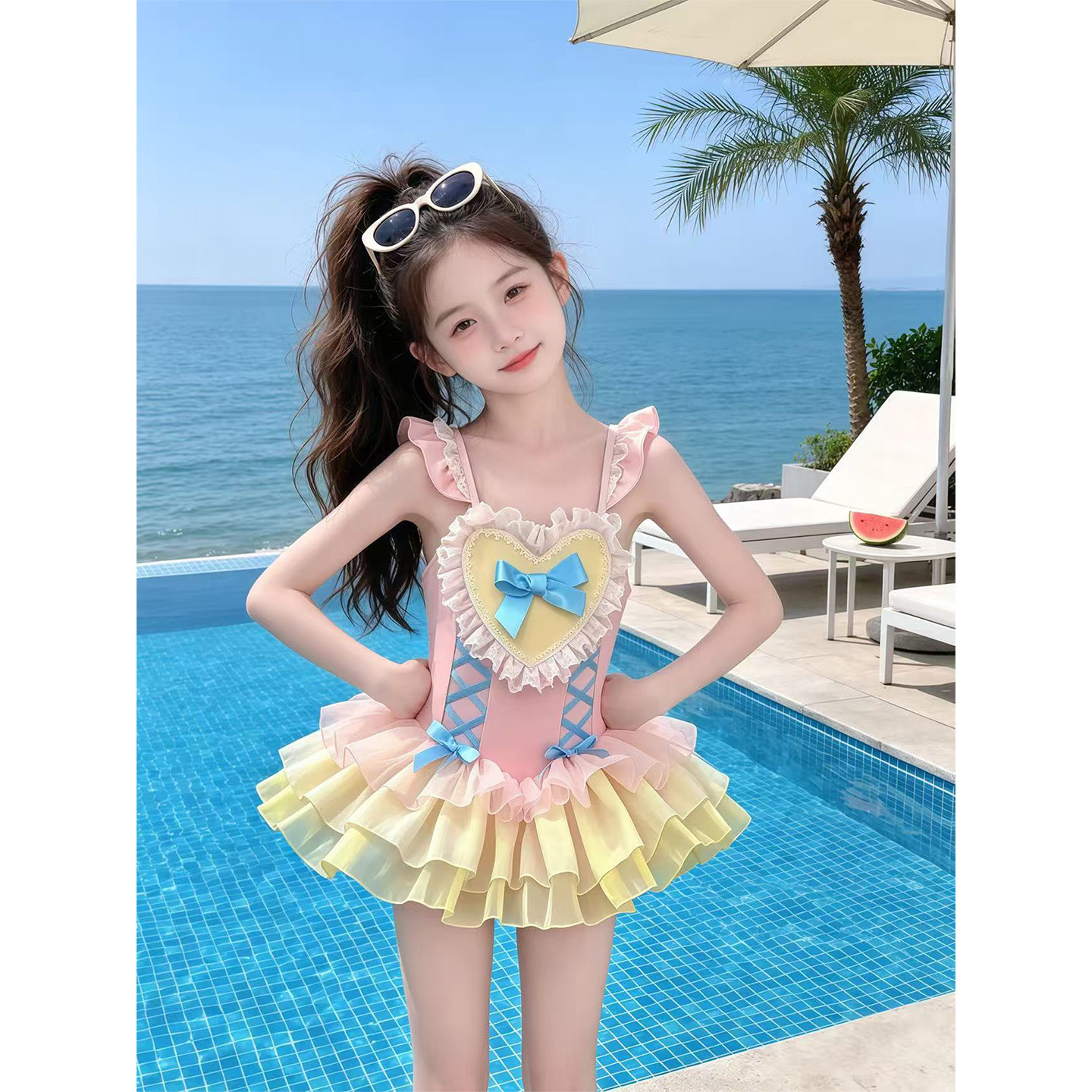 女童泳衣粉色甜美可爱泳服2026新款女孩速干蕾丝连体泳装裙子