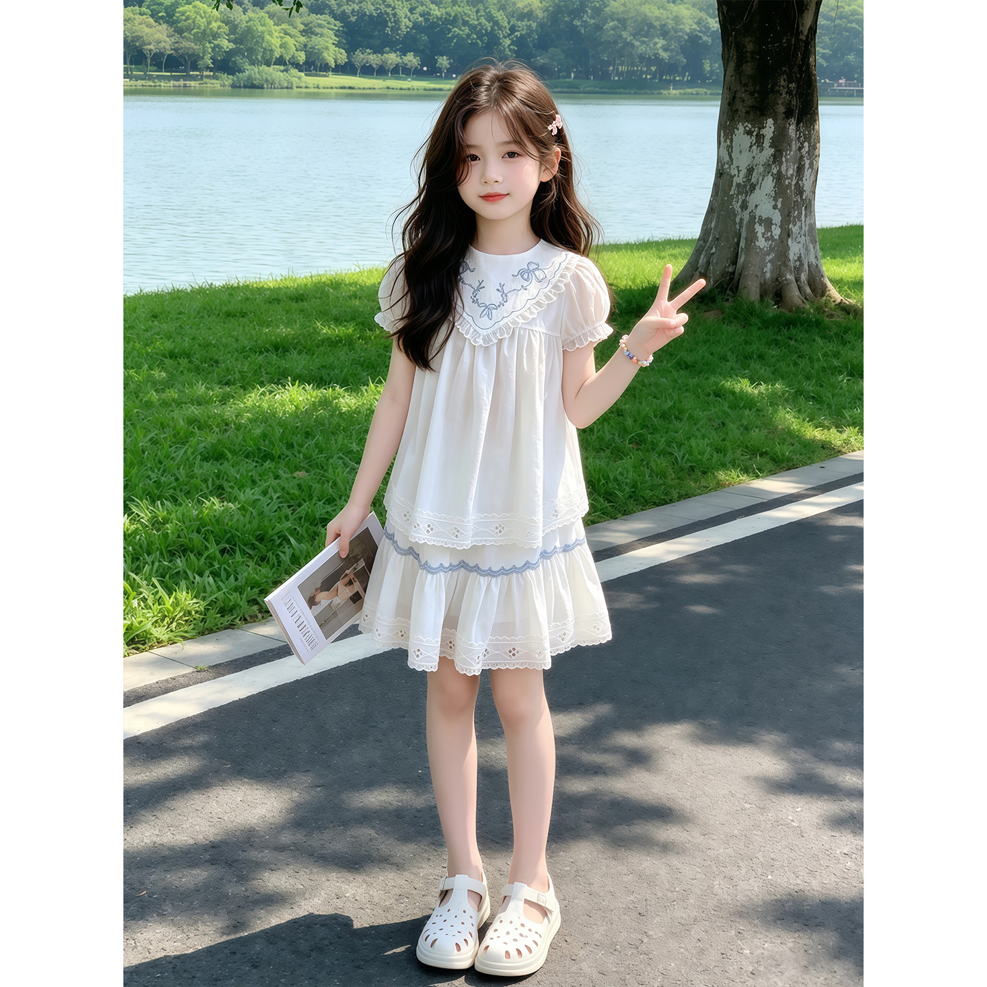 女童夏季套装2026新款儿童洋派刺绣上衣夏装女孩蕾丝半身裙两件套