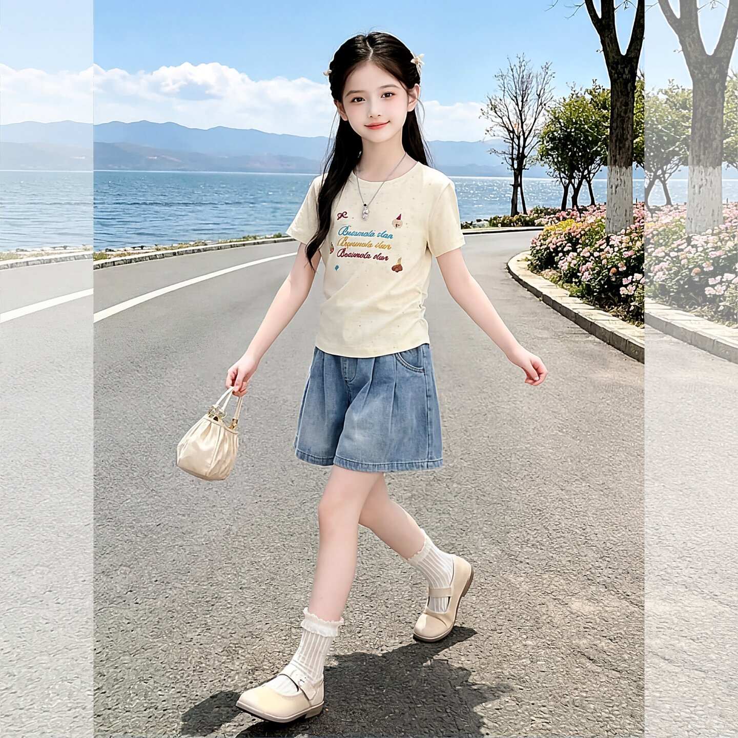 女童夏季牛仔裙裤套装2026新款女大童洋气短袖上衣牛仔短裤两件套