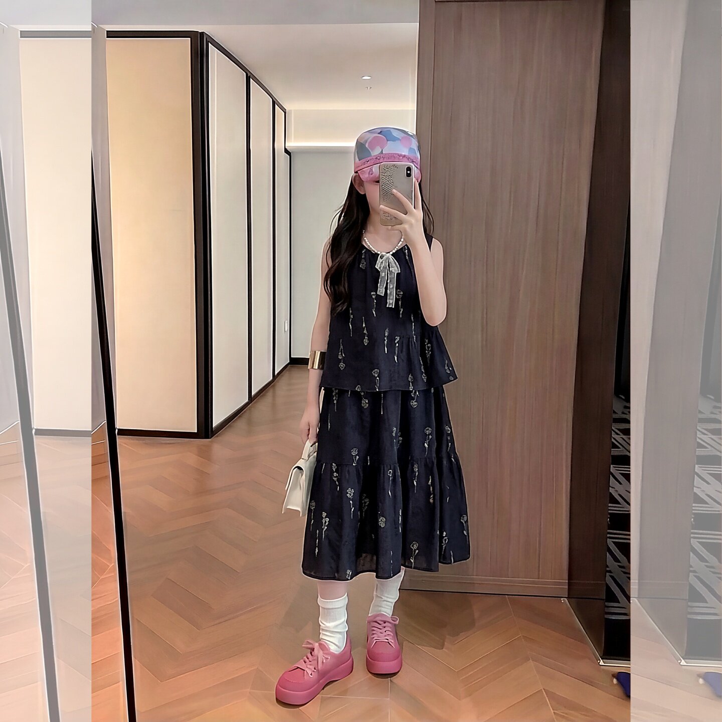轻熟风中大女童中长款碎花连衣裙