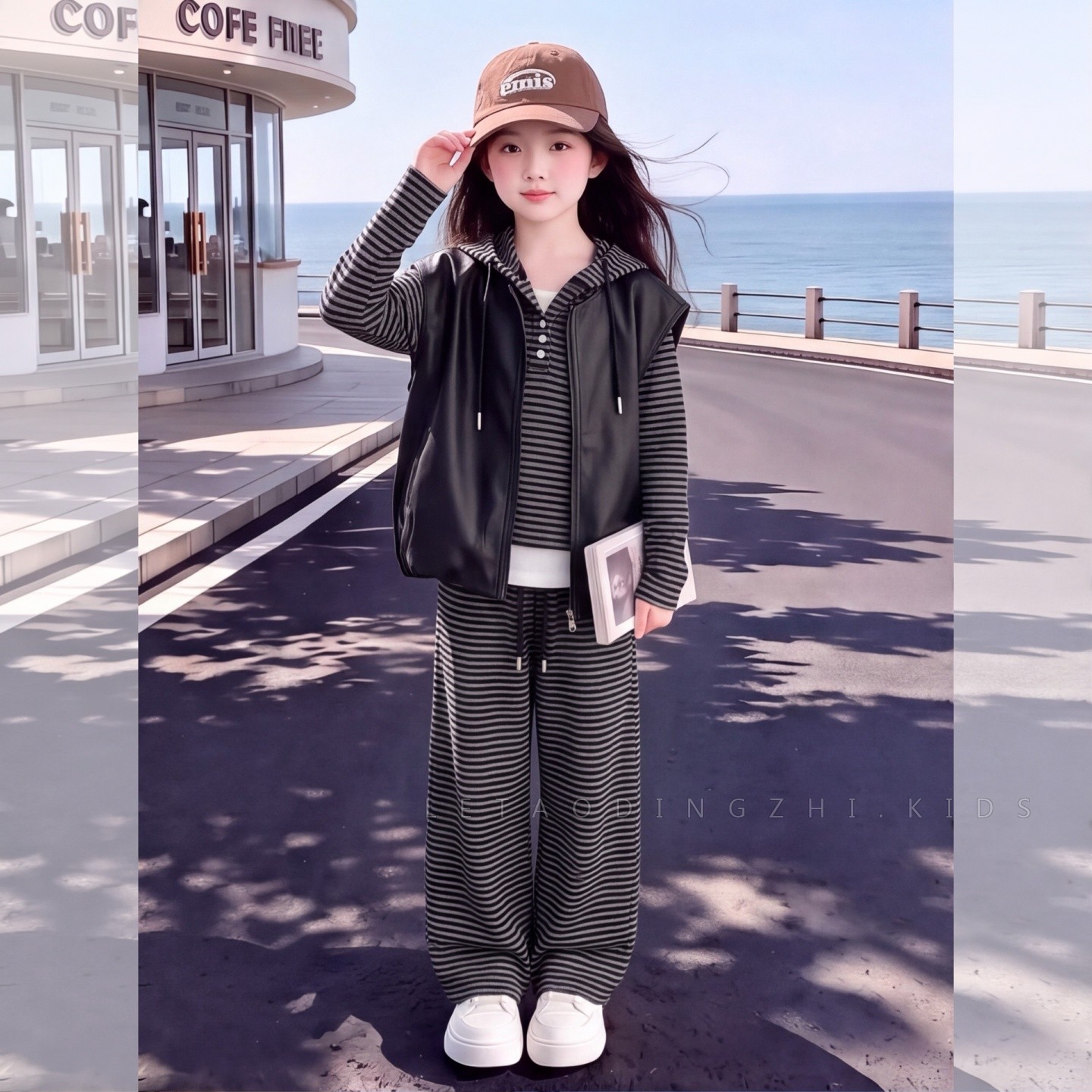 女童春秋款韩版休闲皮马甲女大童洋气时髦条纹套装儿童秋装三件套