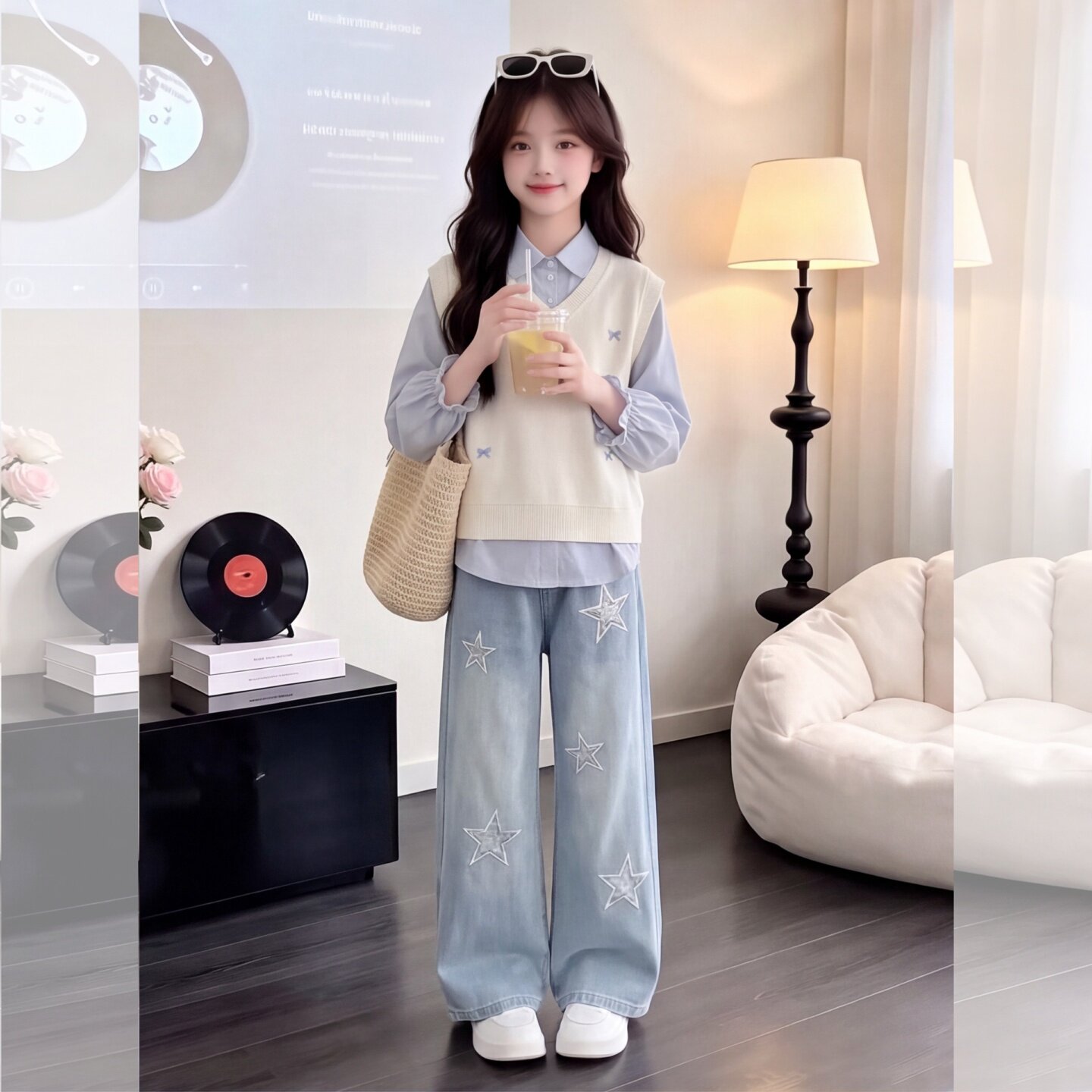 女童秋装衬衫假两件牛仔裤套装20