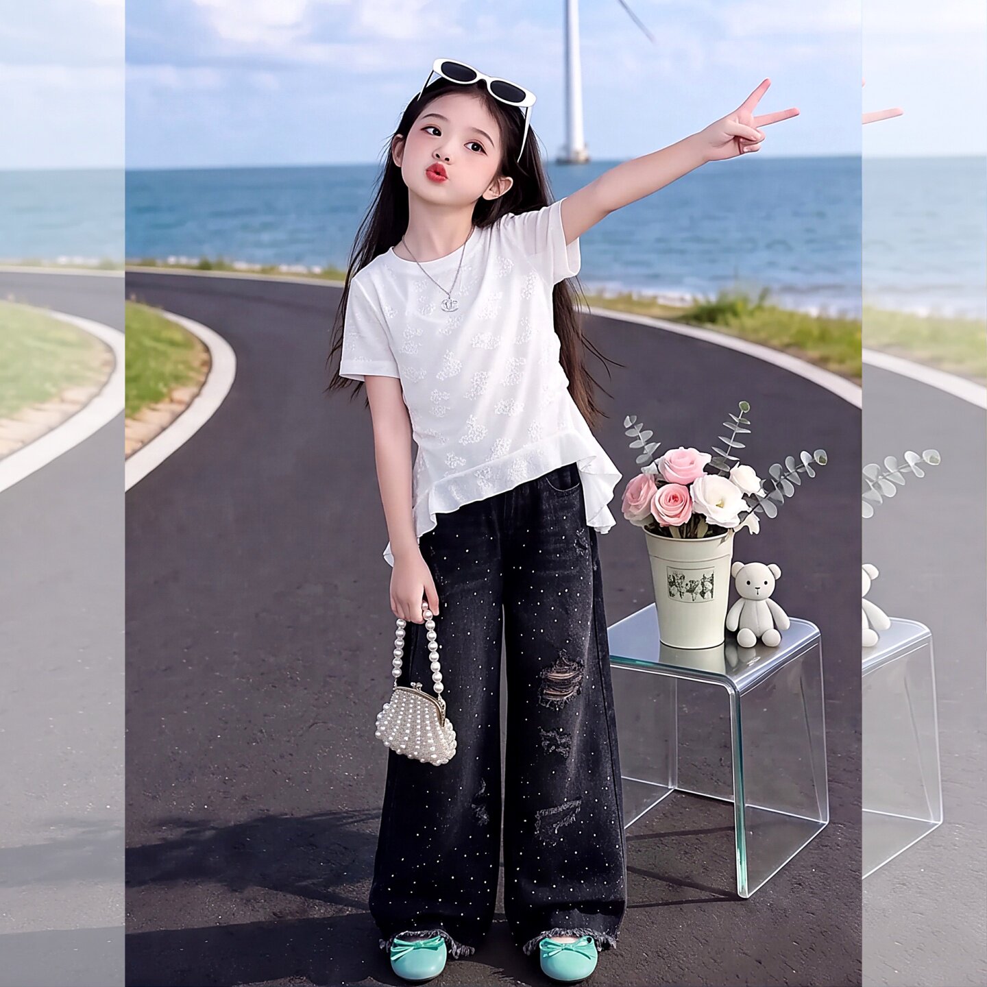 女童白色荷叶边蕾丝短袖2026新款