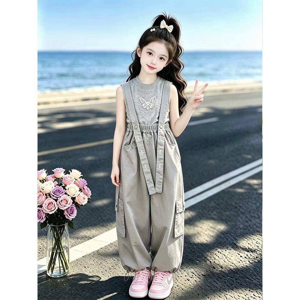 女童背带裤套装夏季2026新款儿童薄款夏装女孩蝴蝶背心两件套洋气