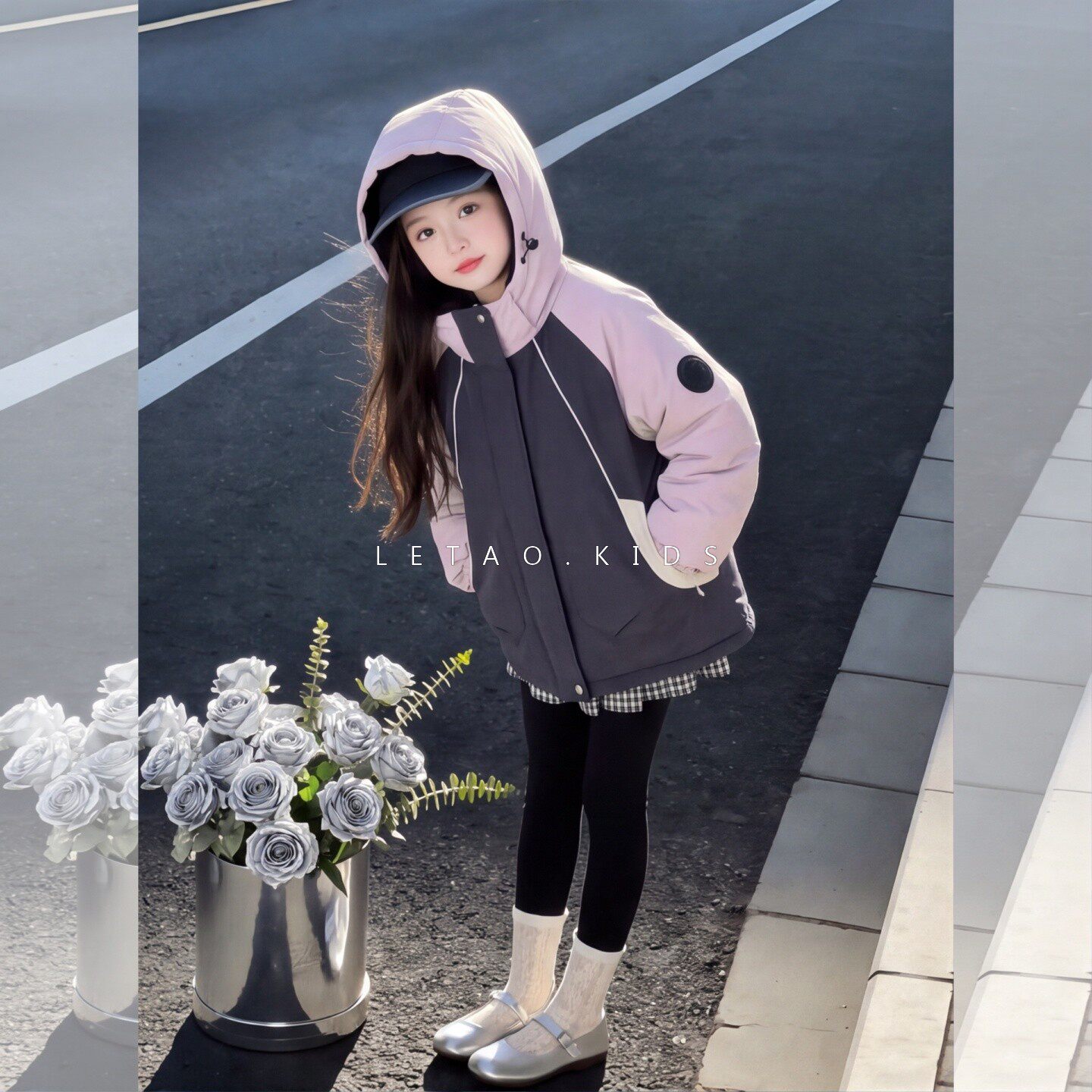 女童秋冬拼色连帽加厚冲锋衣外套