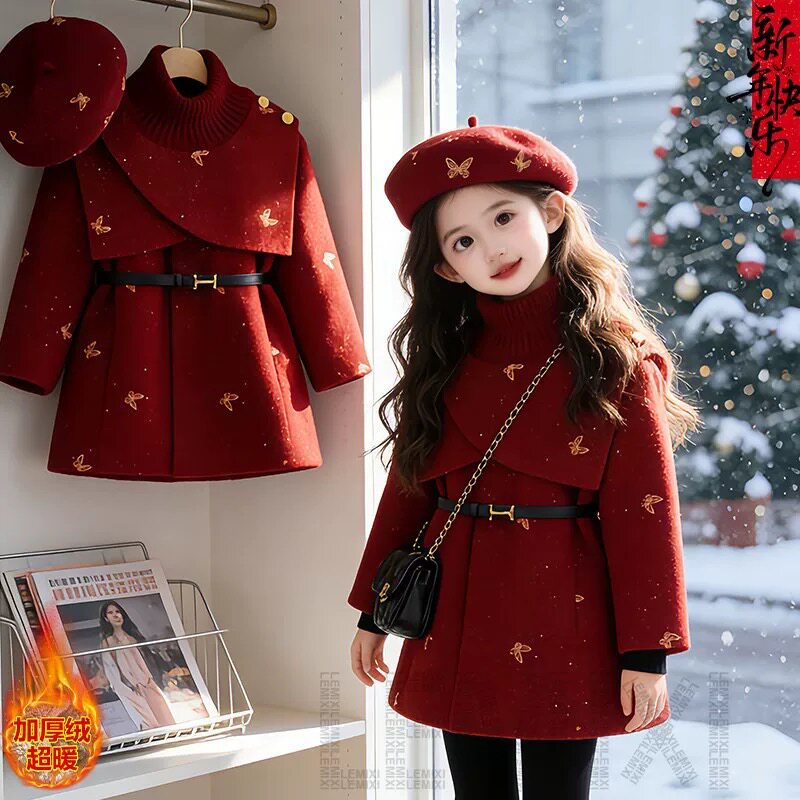 2026新款女童红色呢子连衣裙冬季加厚保暖洋气刺绣新年年服千金风
