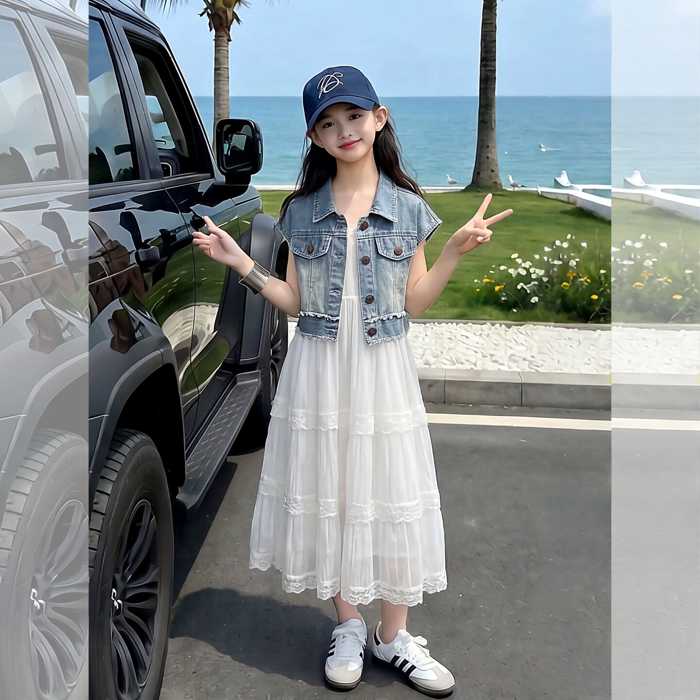 女童连衣裙牛仔马甲吊带公主裙套