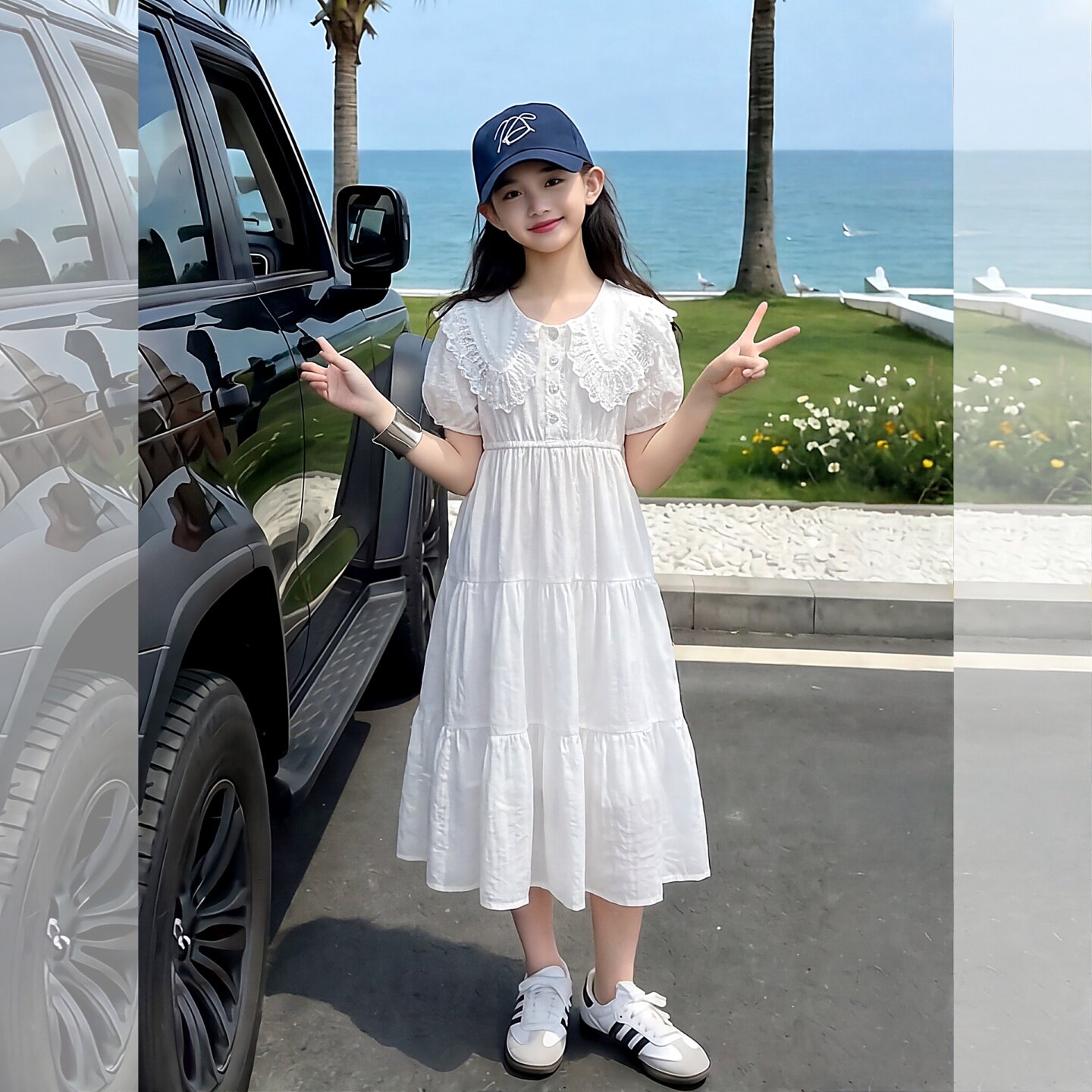 女童夏小白裙娃娃领泡泡袖蛋糕裙