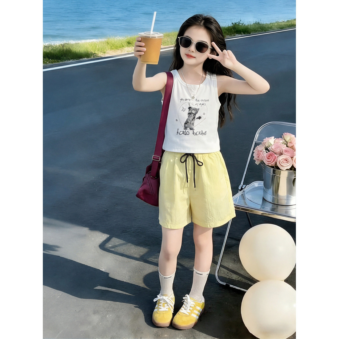 女童韩版卡通背心上衣短裤两件套