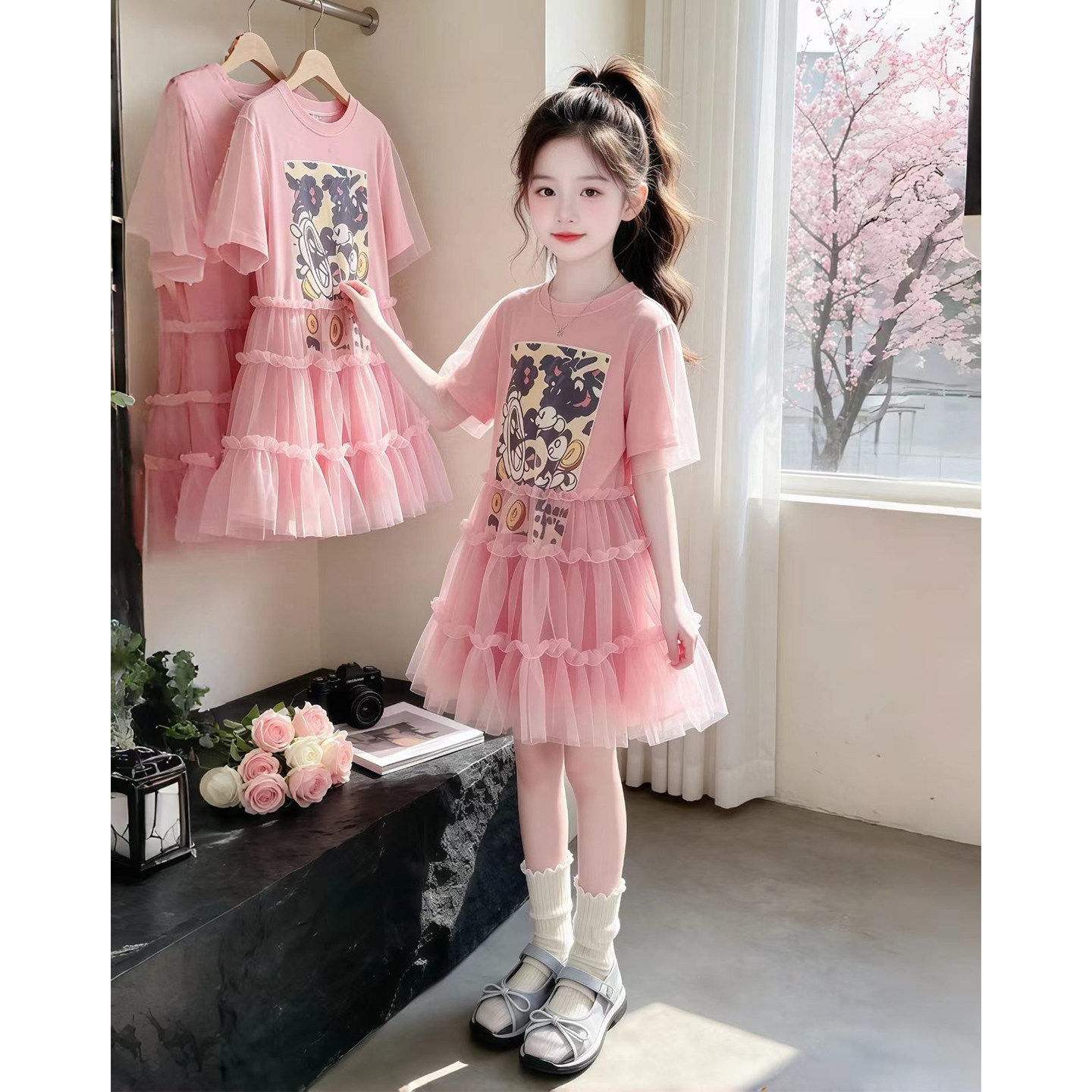 女童连衣裙夏季2026新款儿童洋气网纱裙夏装T恤裙女大童公主裙子