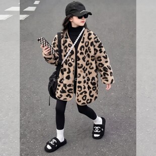 女童豹纹外套秋冬款2025新款儿童秋装中大童洋气秋季女孩网红衣服