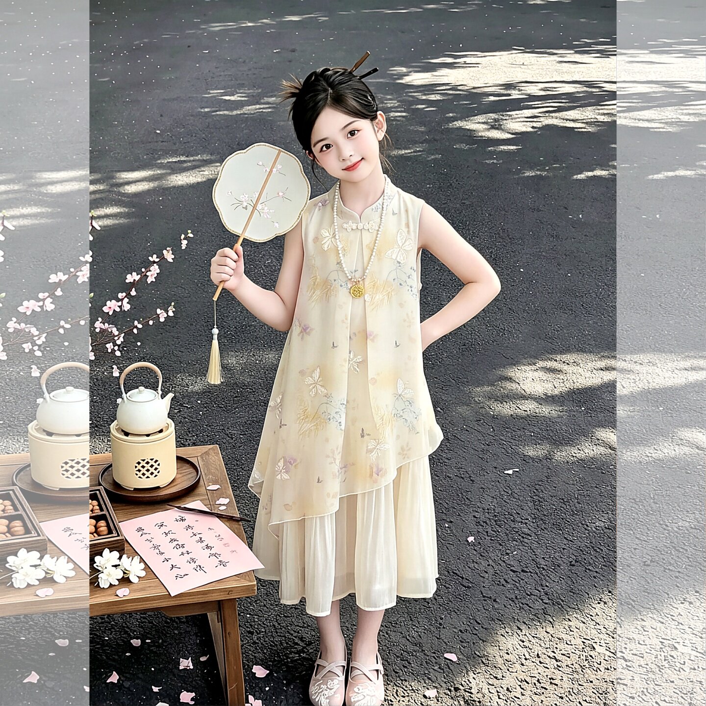 女童中国风刺绣连衣裙夏季无袖立