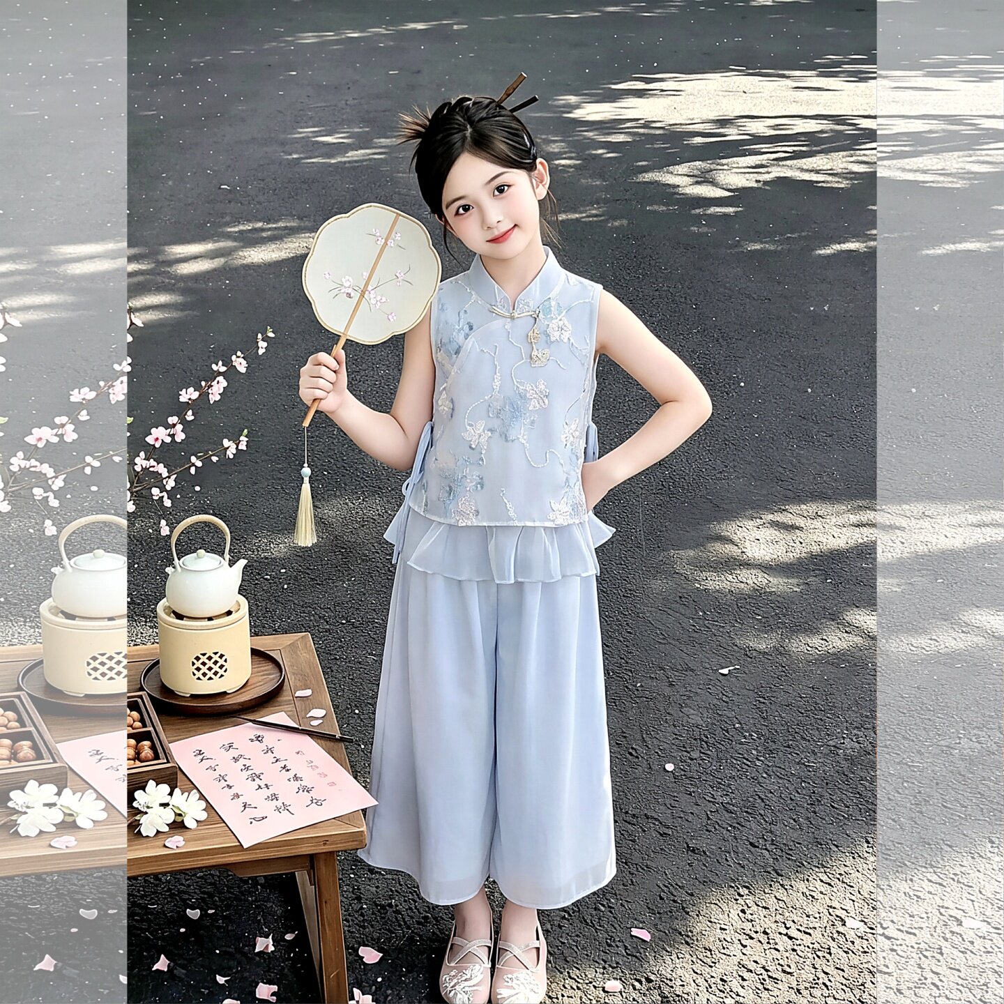 女童新中式套装夏季无袖T恤阔腿4