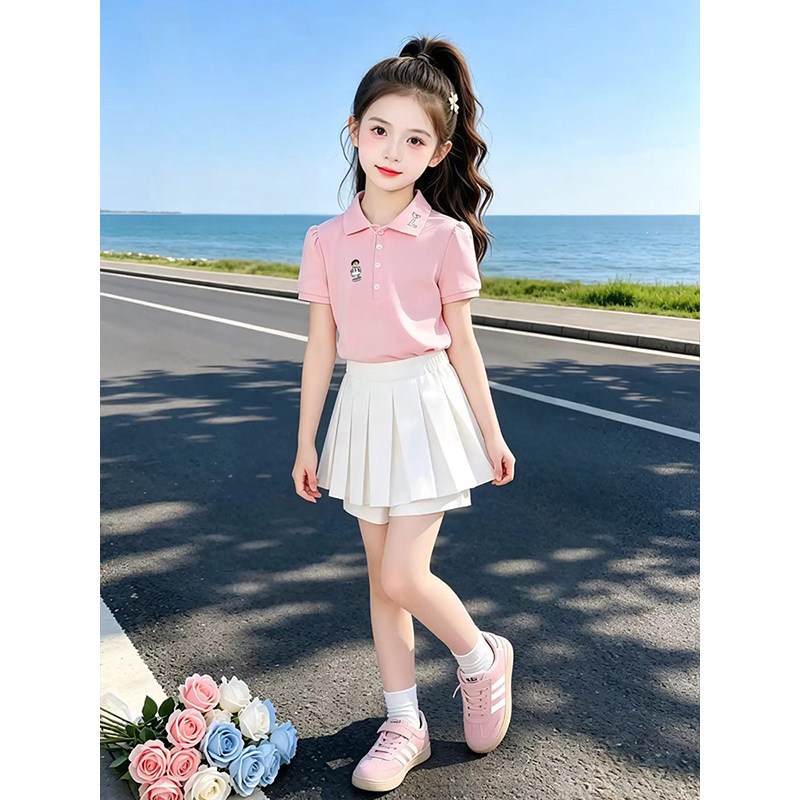 女童Polo衫T恤套装夏季2026新款儿童洋气夏装女孩百褶裙两件套潮