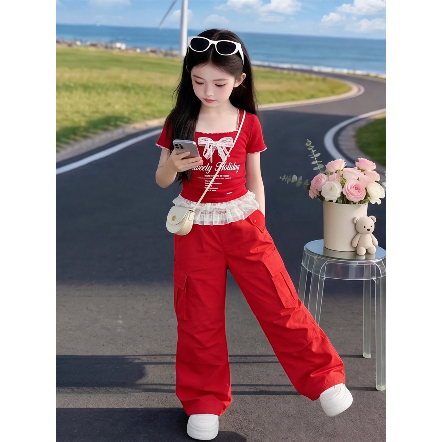 女童蕾丝短袖工装裤套装2026年