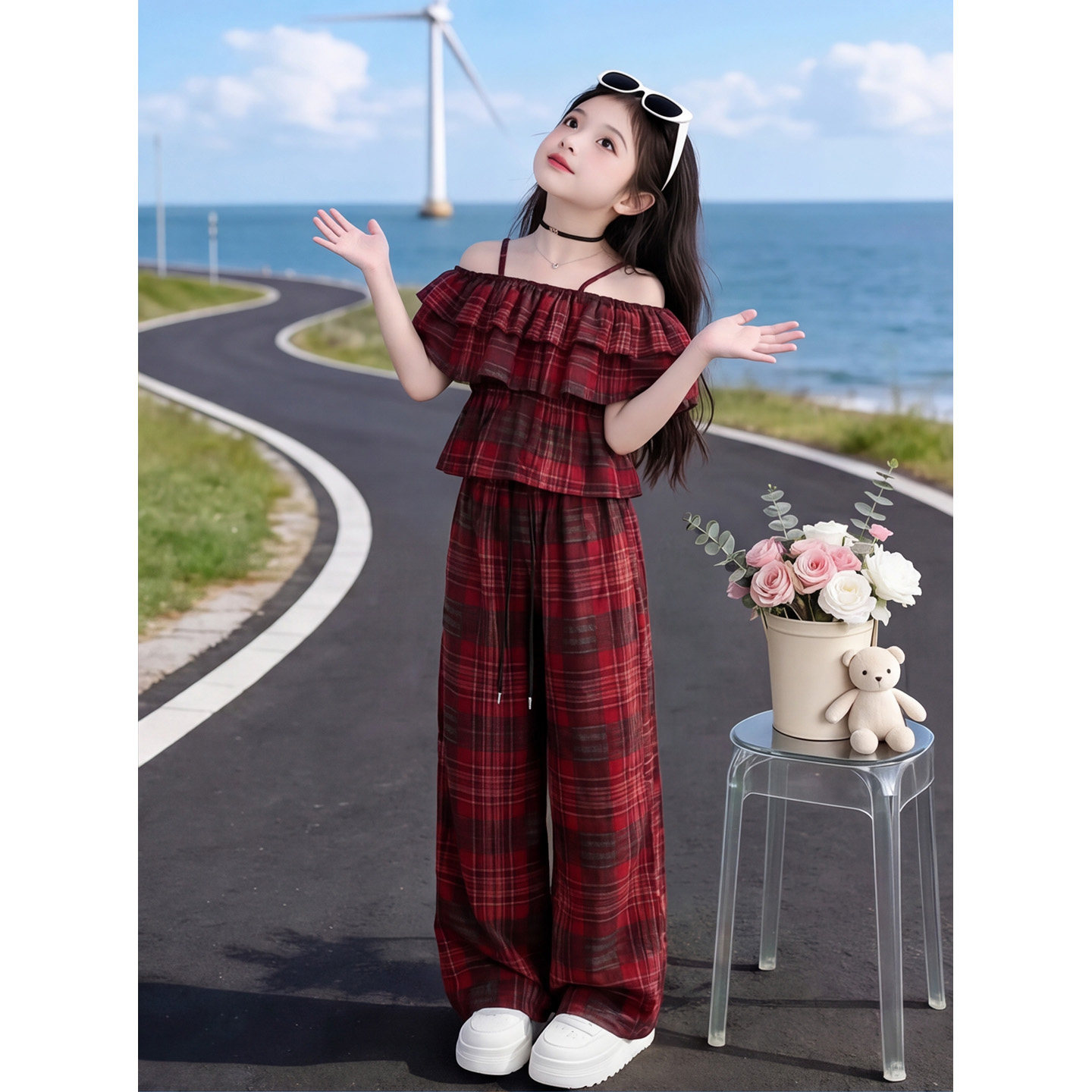 女童一字肩上衣阔腿裤两件套2026