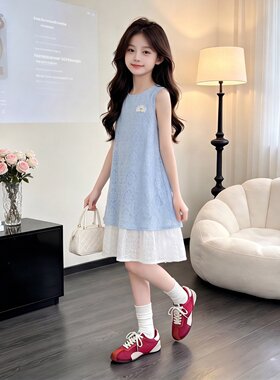 女童蓝色连衣裙夏季高级感裙子中
