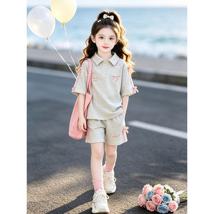 女童夏季套装2026新款儿童刺绣Polo衫T恤夏装女孩短袖短裤两件套