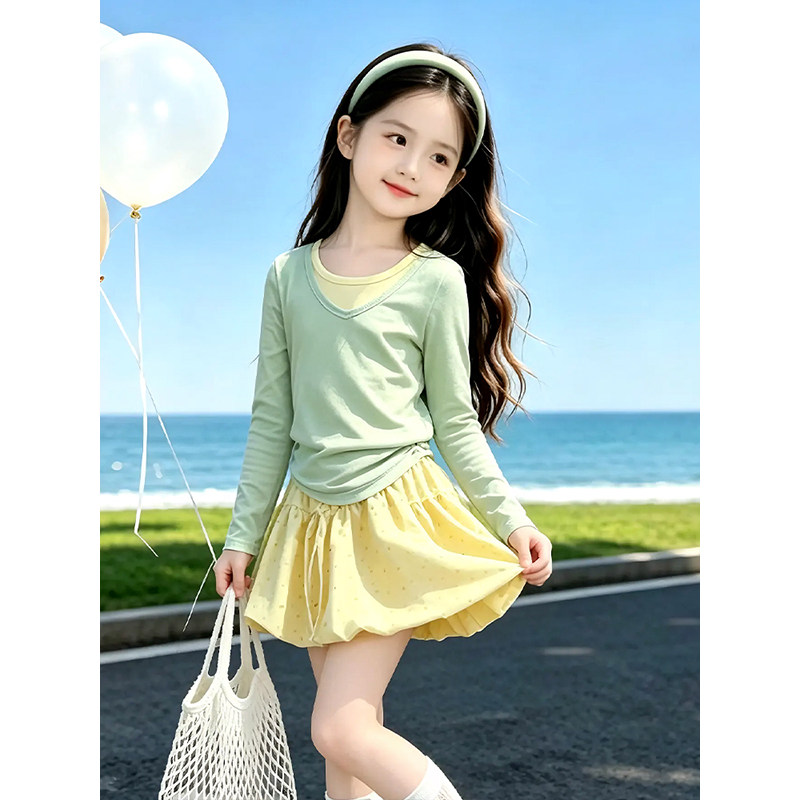 女童防晒T恤套装夏季2026新款儿童多巴胺夏装女孩花苞短裙三件套