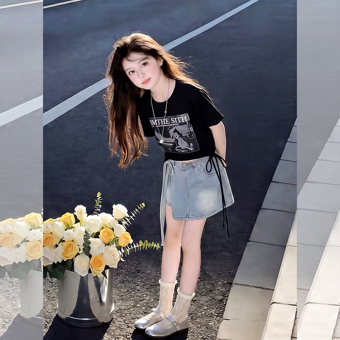 女童夏套装2026新款女孩大童巨好看薄款牛仔短裤初中生潮酷两件套