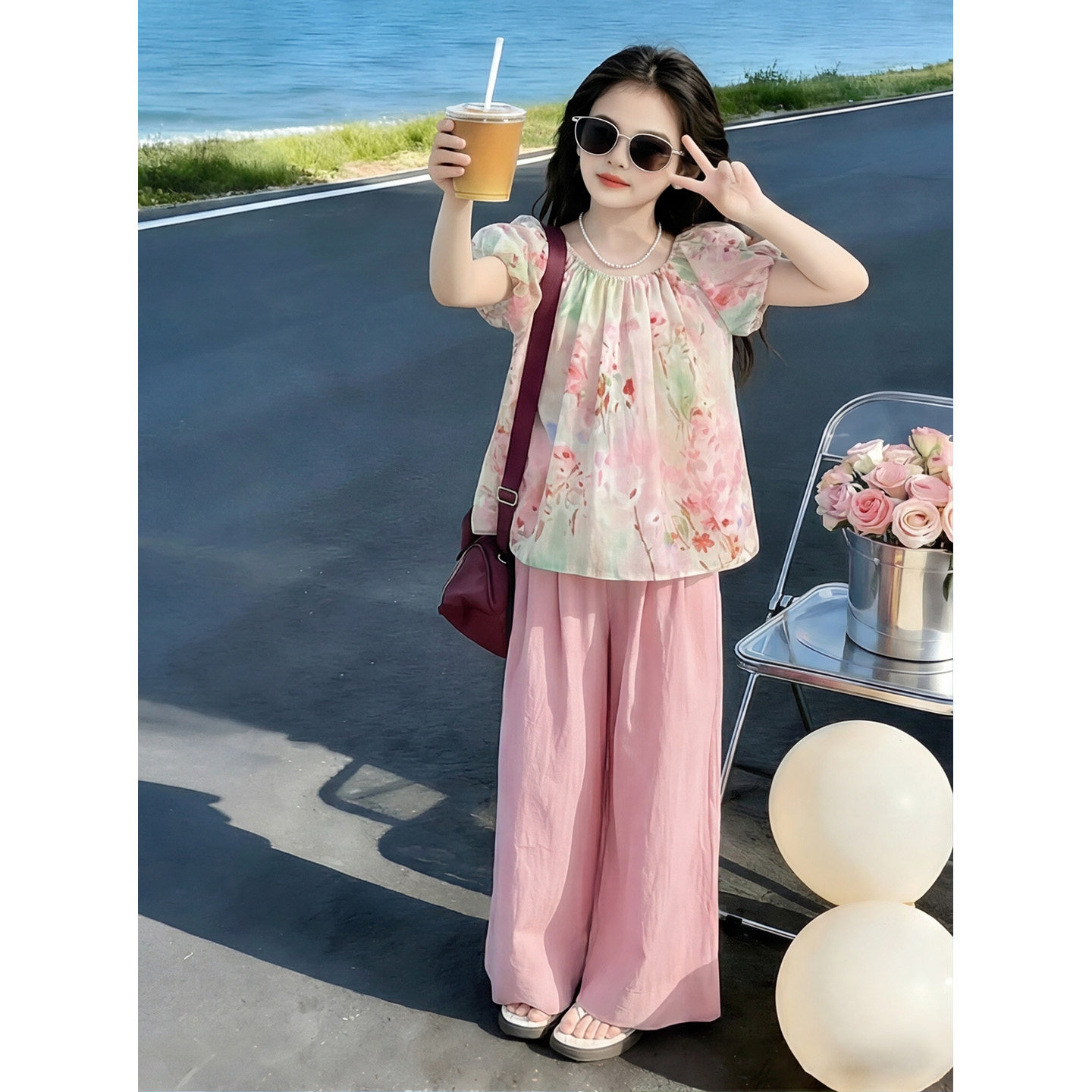 女大童夏季凉感薄款套装2025新款洋气小女孩冰丝阔腿裤夏装两件套