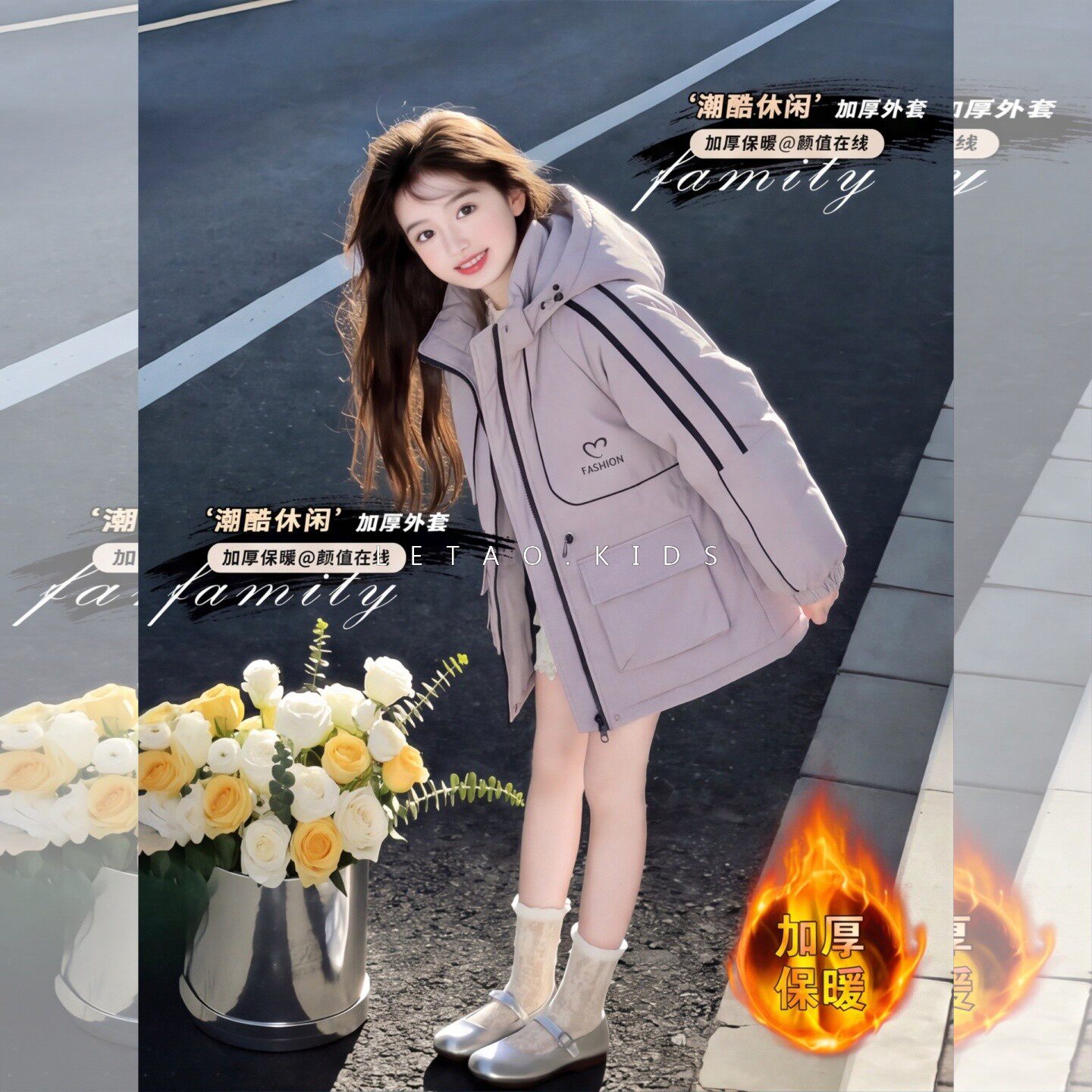 女童多口袋外套秋冬新款加厚连帽棉服中长款潮酷韩版棉袄中大儿童