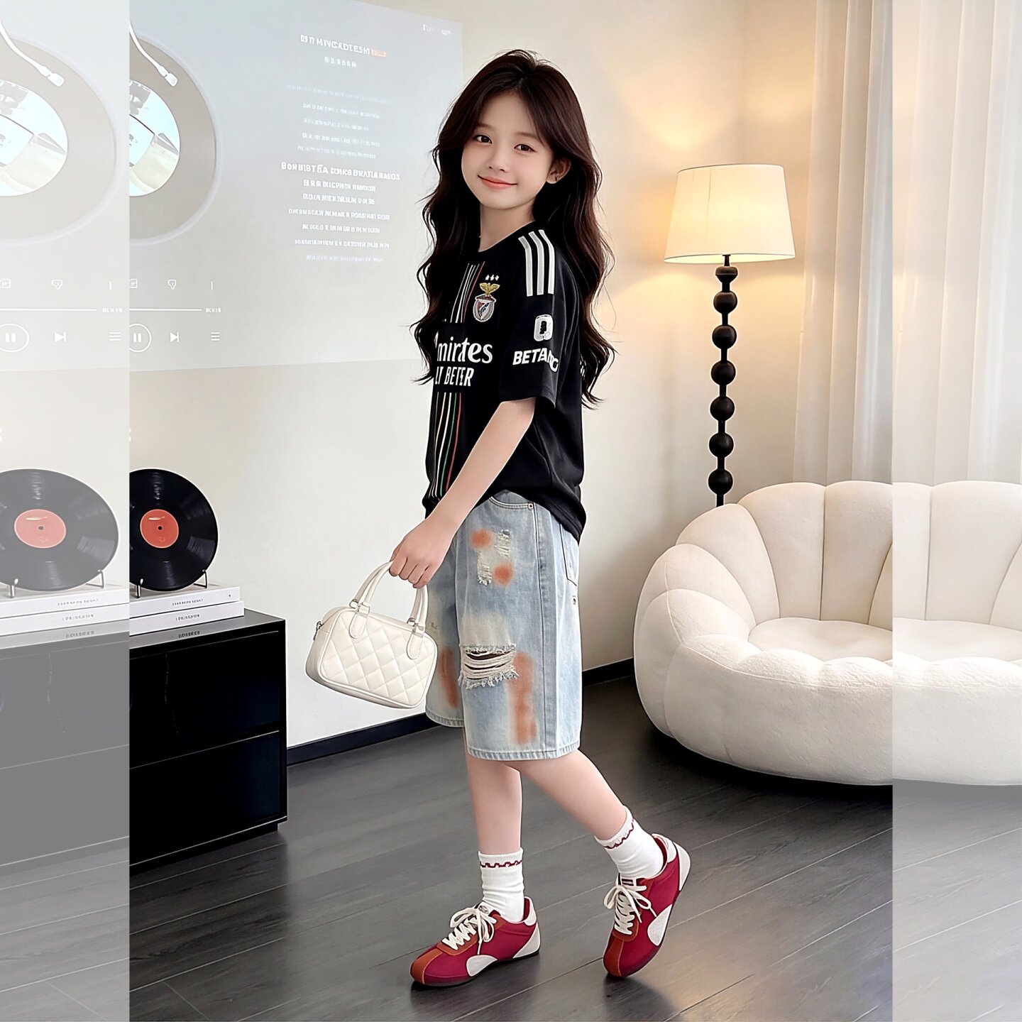 女童休闲短袖T恤破洞中裤两件套