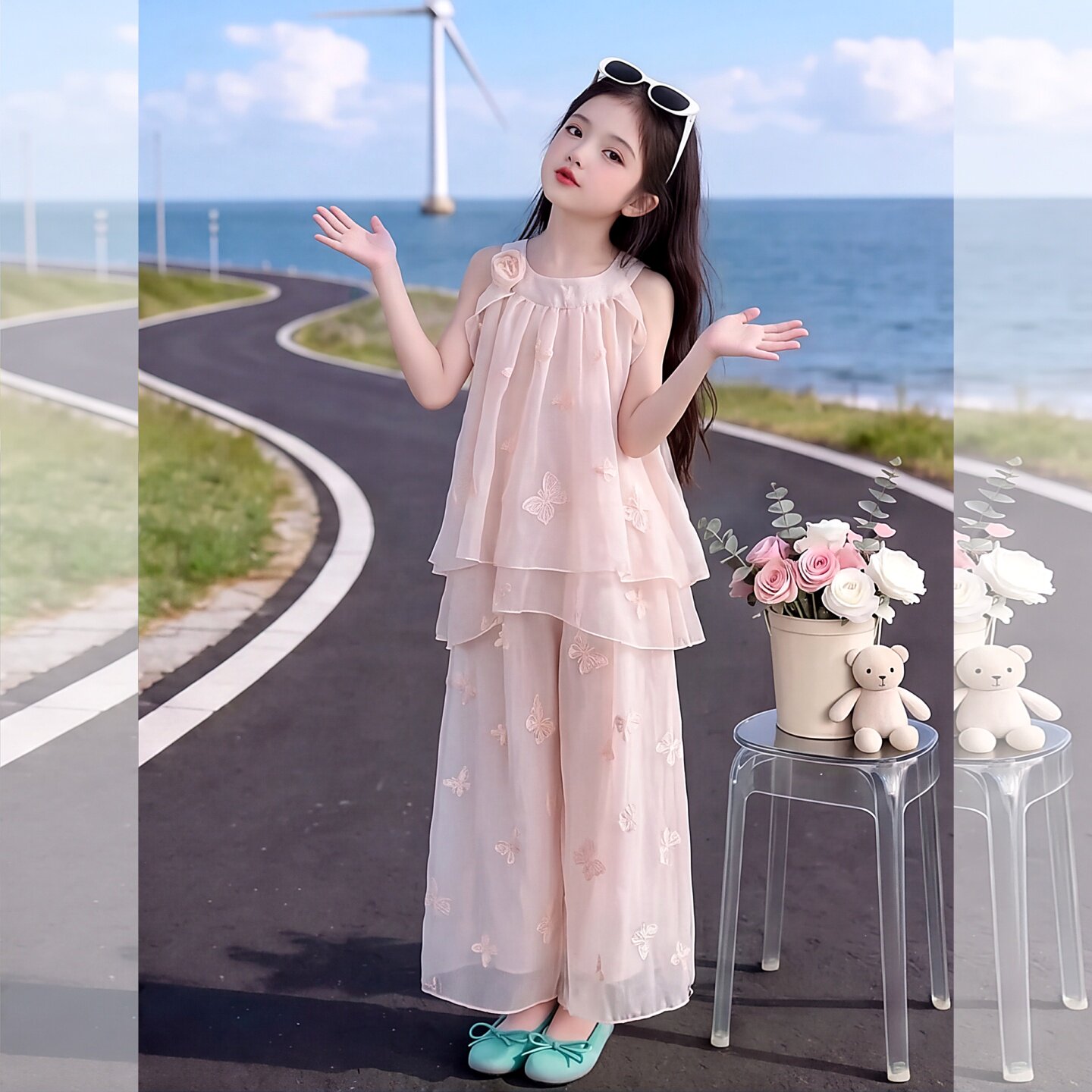 女童立体蝴蝶花朵吊带阔腿裤套装