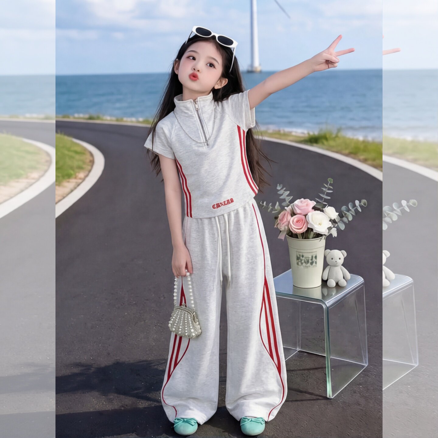 女童运动套装夏季2026新款女孩洋气短袖儿童夏装宽松阔腿裤两件套