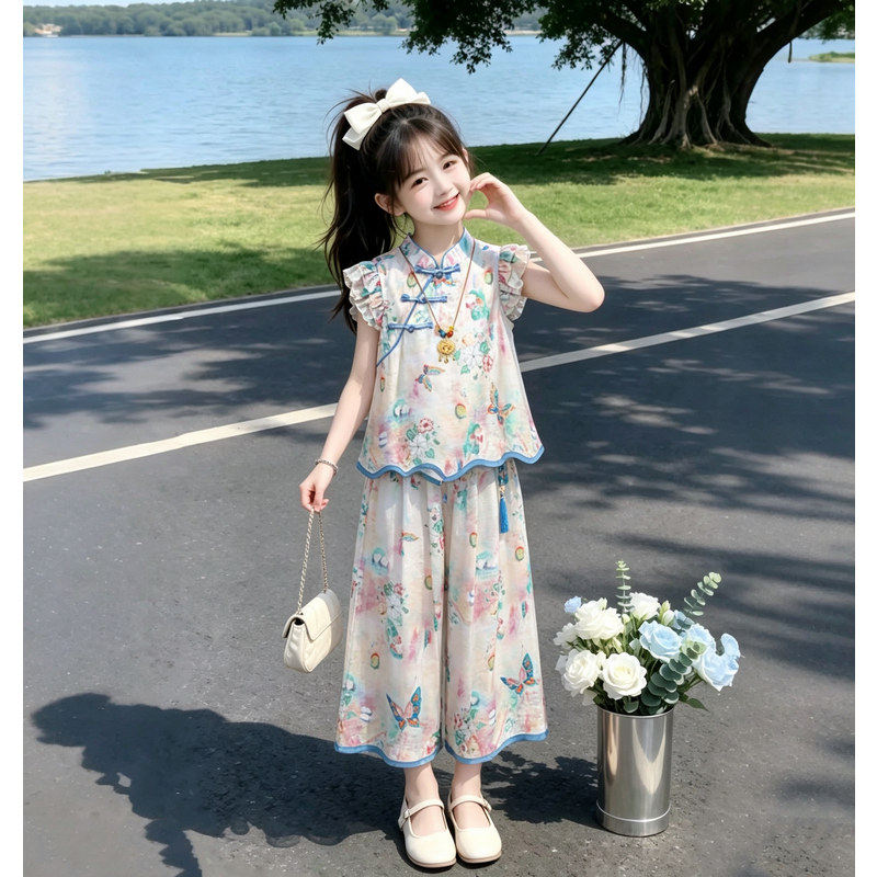 女童夏装新中式套装2026新款女孩儿童国风古装短袖阔腿裤两件套薄