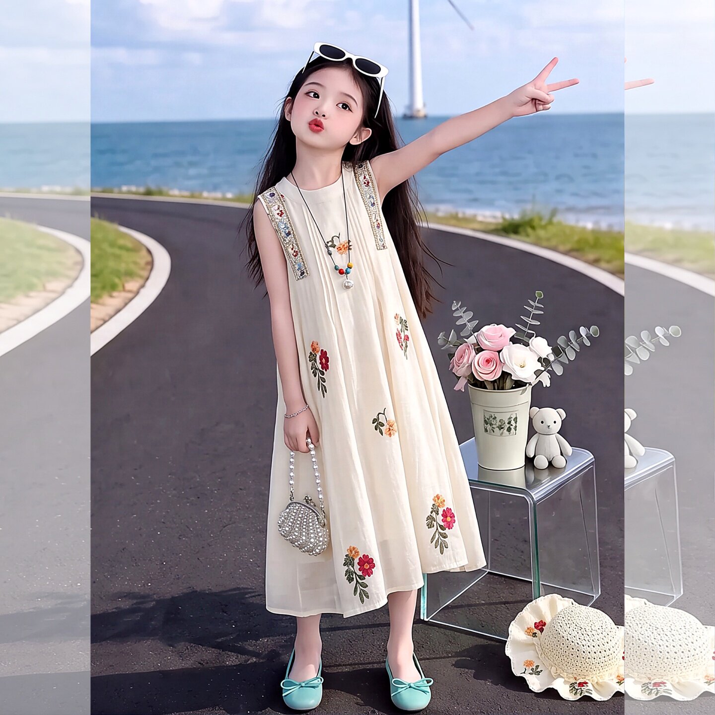 女童连衣裙夏季新款2026草帽洋气