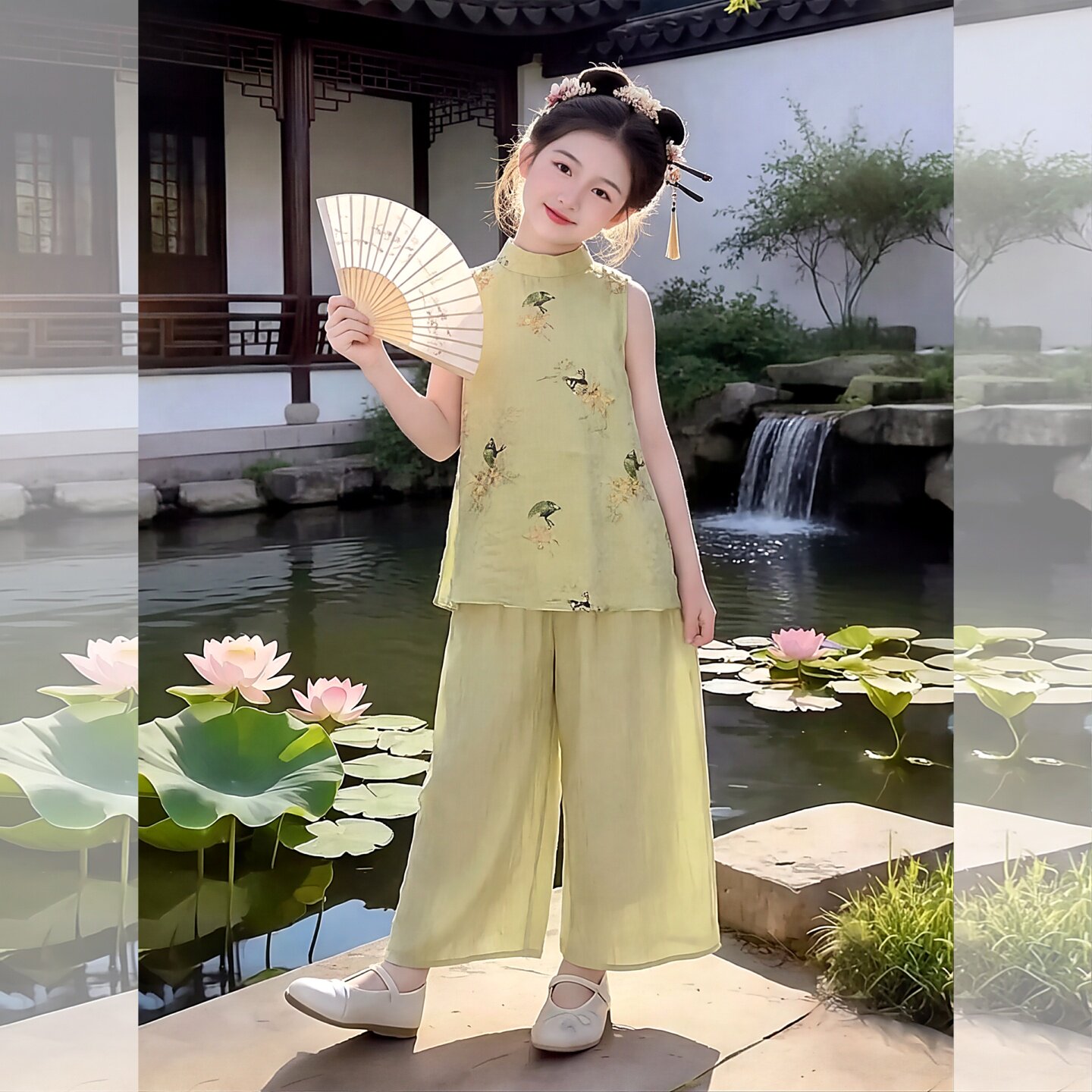 女童夏季新中式无袖上衣两件套装