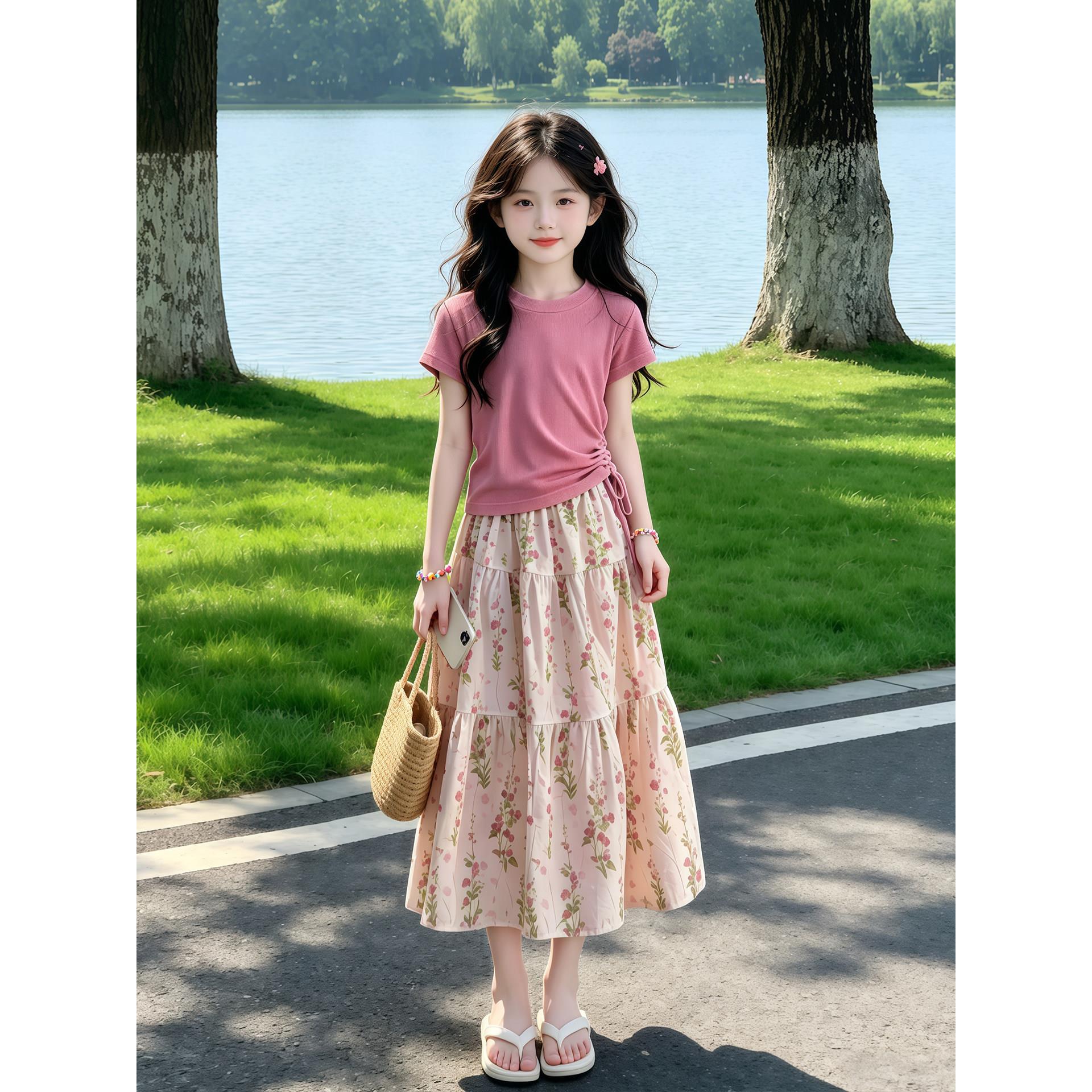 女童夏季套装2026新款儿童洋气抽绳短袖夏装女孩碎花半身裙两件套