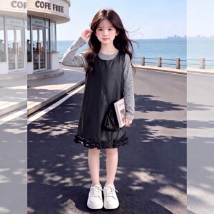 女童秋季甜酷穿搭2026新款中大童长袖皮裙子两件套连衣裙复古套装