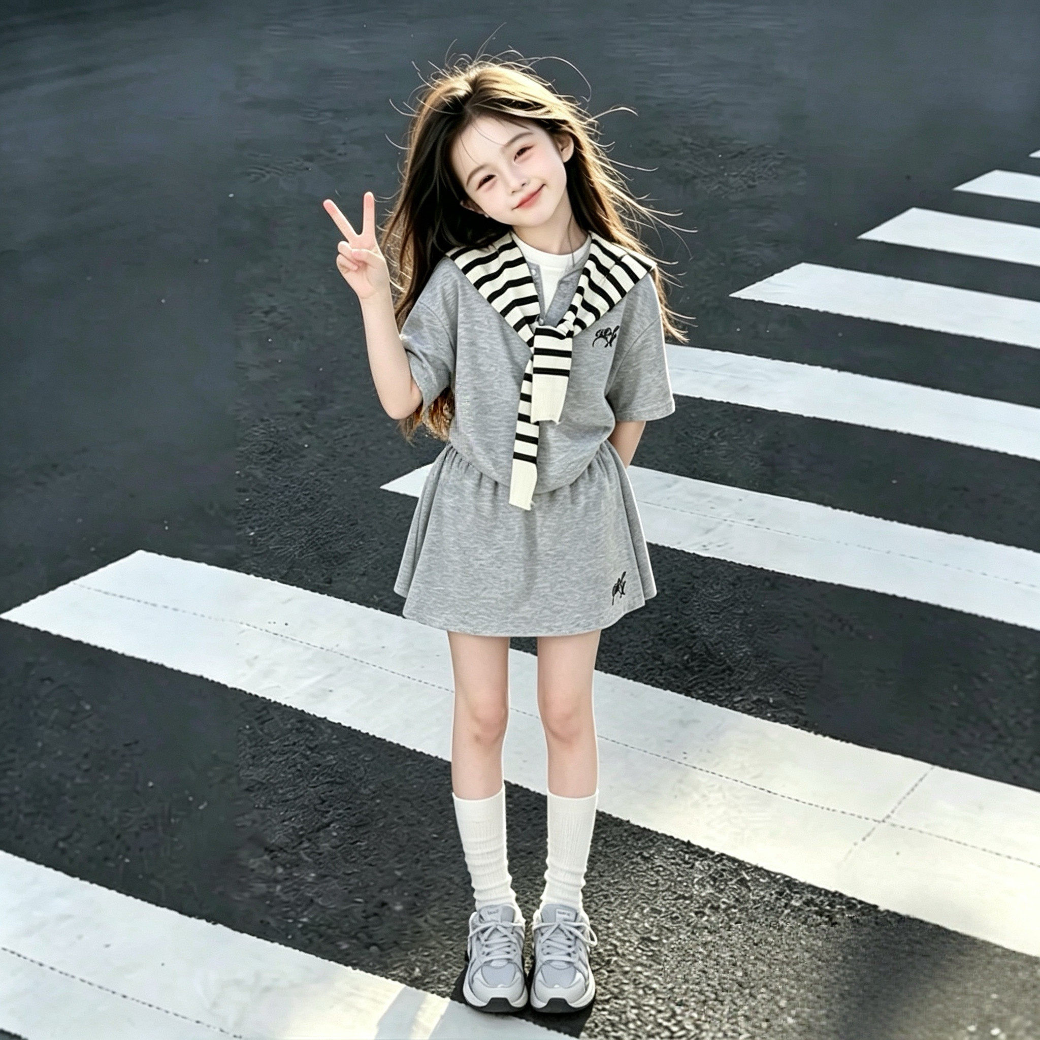2026女童夏款套装儿童超好看的披肩短袖T恤女大童半身短裙两件套