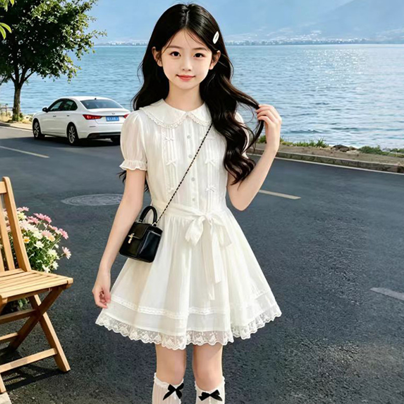 女童娃娃领连衣裙夏季2026新款儿童泡泡袖裙子中大童蝴蝶结公主裙