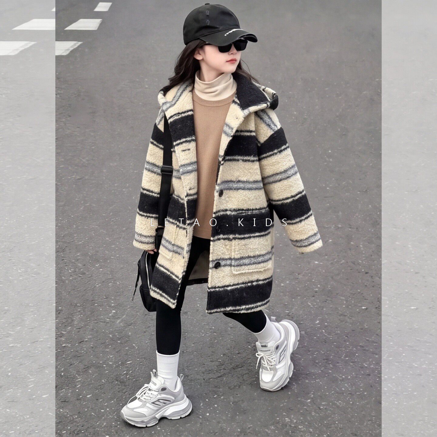 女童冬季加长保暖呢子连帽大衣